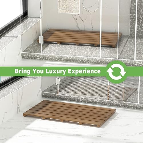 Miniatura 2 de Tapete de madera de bambú para ducha de lujo, antideslizante, impermeable, para uso en interiores o exteriores (nogal, 31.3 x 18.1 x 1.5 pulgadas)