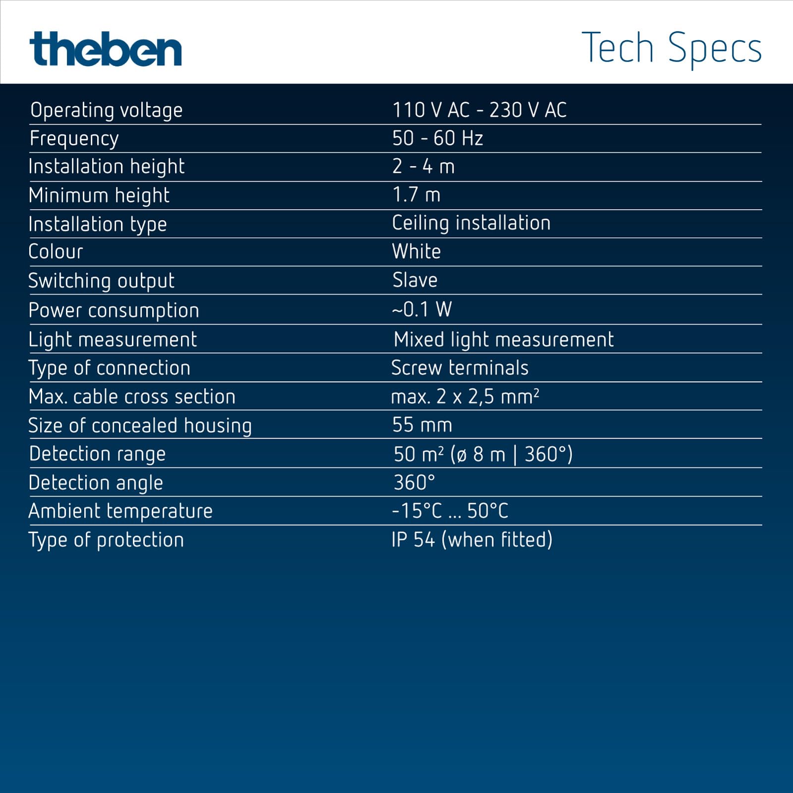 Theben 2080530 theRonda S360 Slave UP WH Detector de Presencia Secondary | empotrado en techo, versiónesclavo para theRonda-Maestro, zona detección redonda 360°, 8 m/50 m², blanco