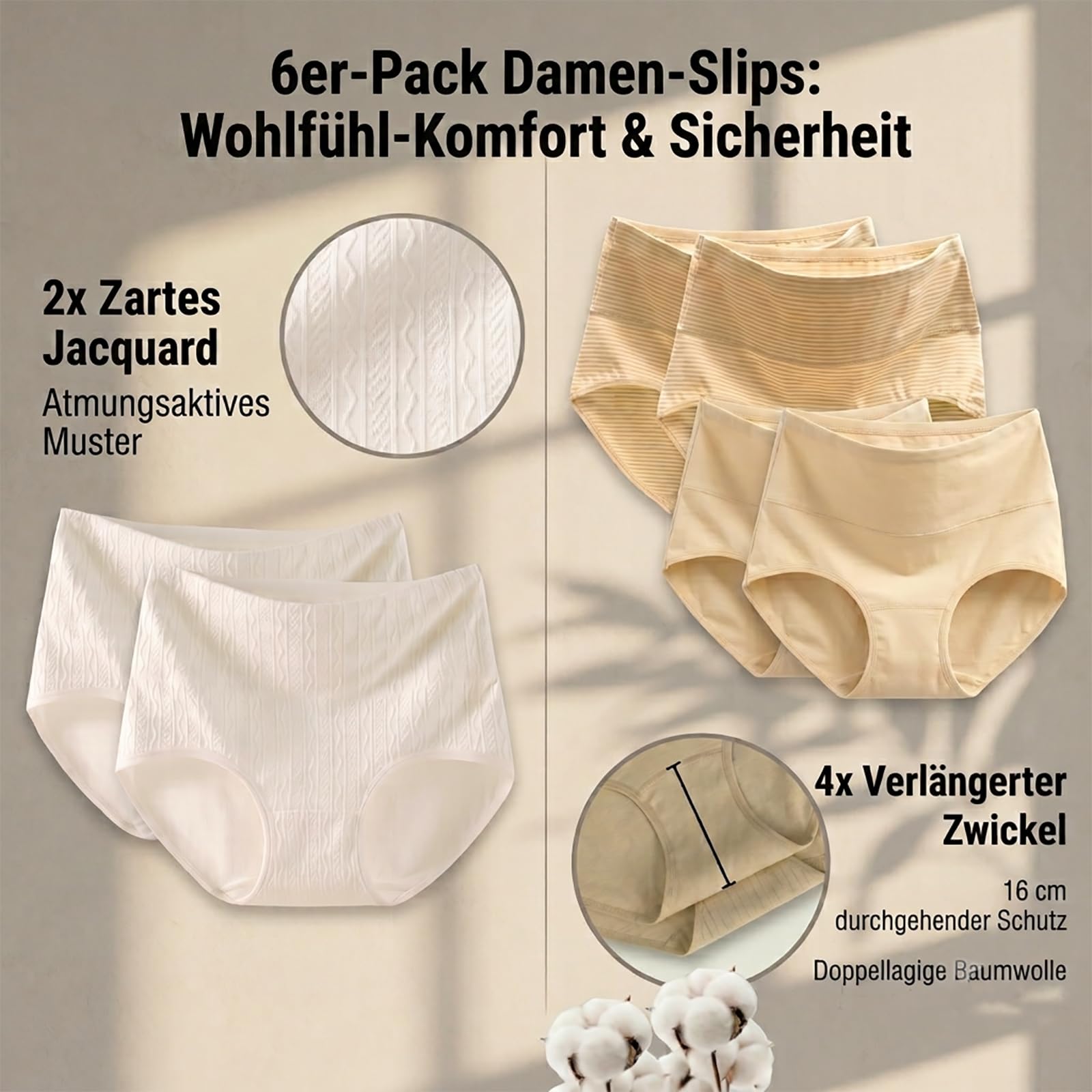 Confezione da 6 slip da donna in cotone a vita alta, colore beige (gherone lungo) e bianco jacquard, 95% cotone elastan