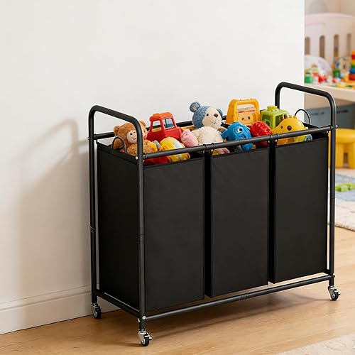 Vista 6 de LINZINAR Cesta de lavandería de 3 bolsas para organizar la lavandería, con ruedas enrollables y bolsas extraíbles (negro)