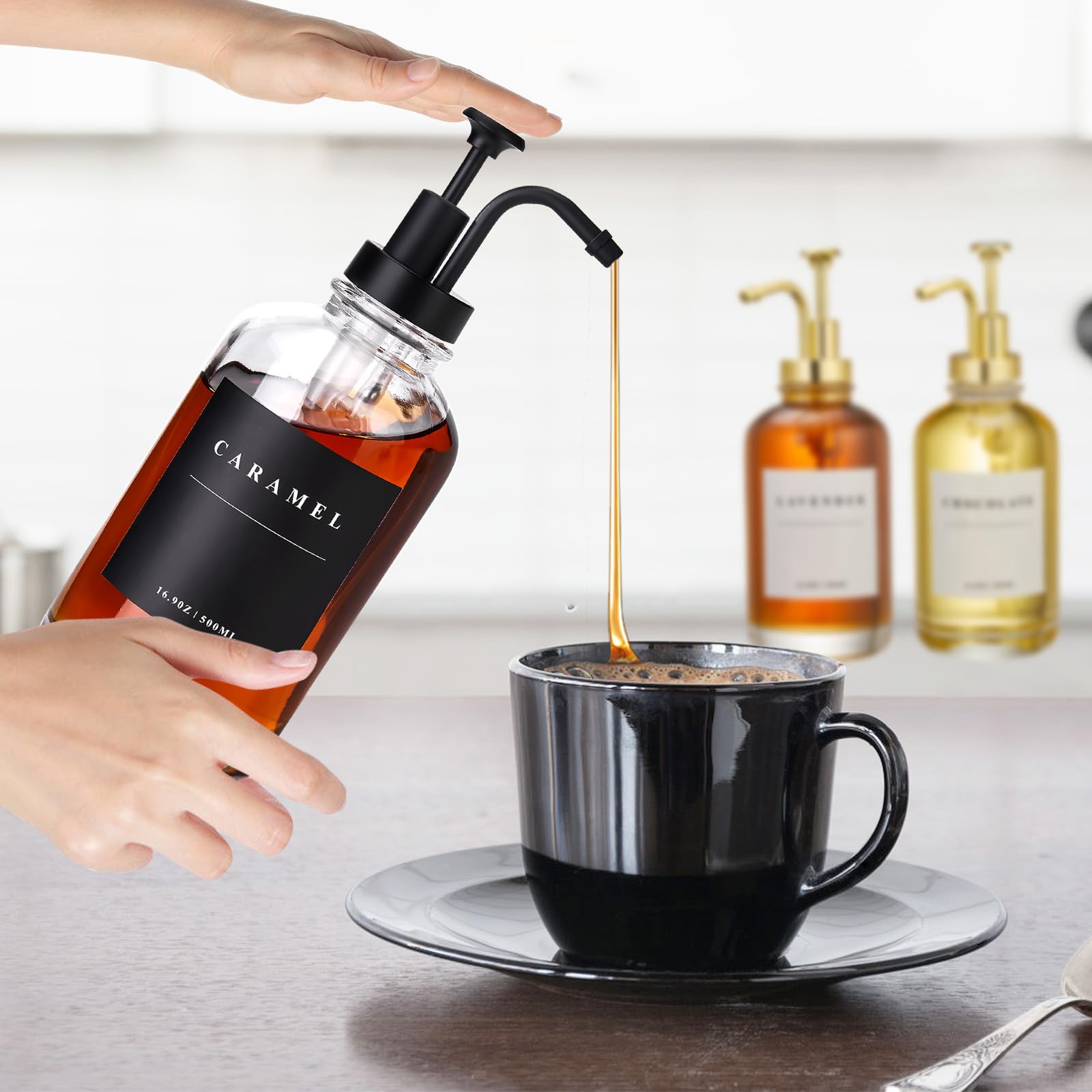 Dispensador de jarabe de café para barra de café, dispensador de bomba de jarabe de café, botella de jarabe de vidrio con bomba mejorada negra, paquete de 4 dispensadores de jarabe de 16.9 onzas, 28