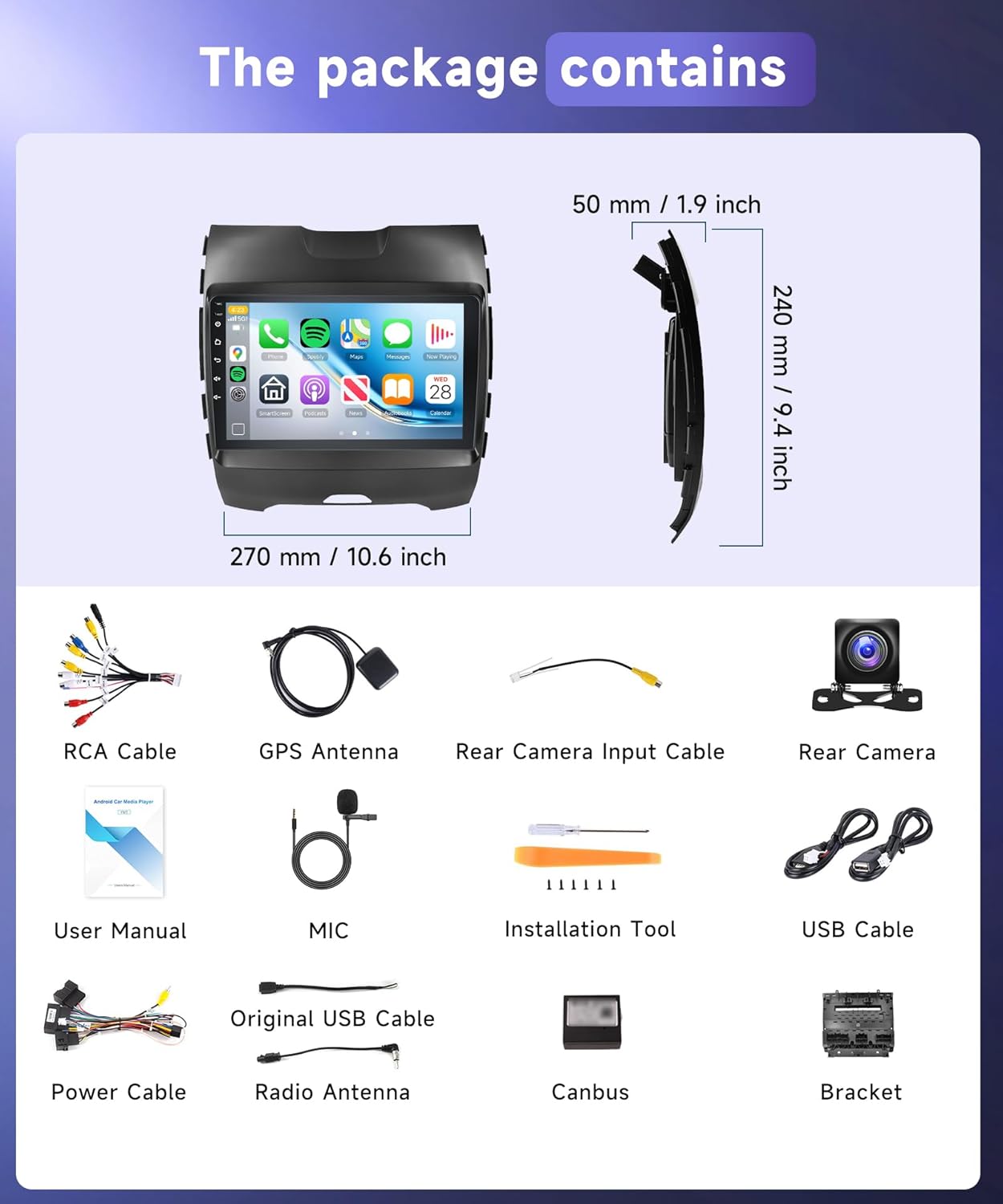 Diagram showing all components included in the MAHVEC Car Radio Stereo package, such as the main unit, cables, camera, and tools.