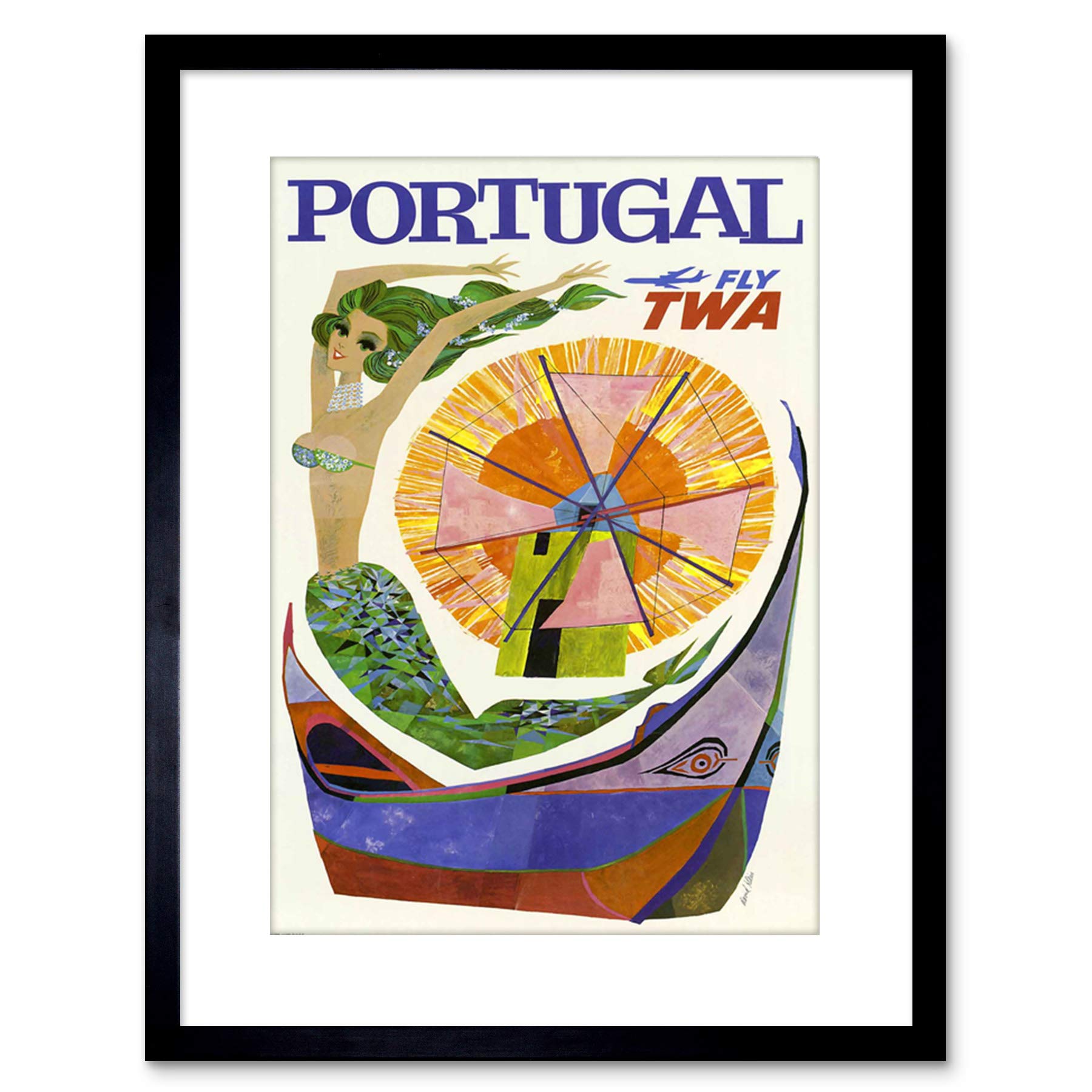 Wee Blue Coo 9x7 '' TWA AIRLINE PORTUGAL WINDMILL MERMAID VINTAGE FRAMED ART PRINT F97X1522