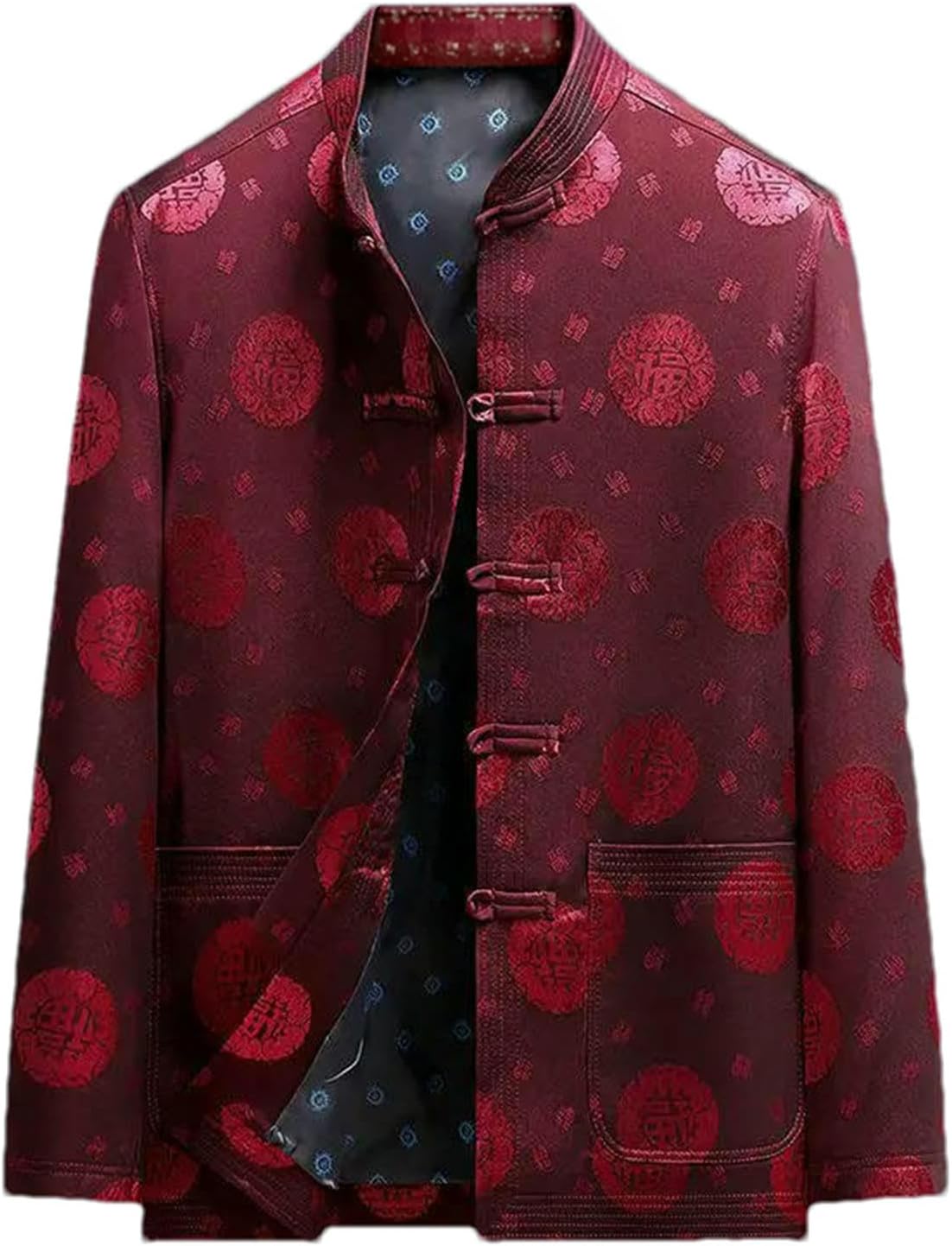 JXQXHCFS Men’s Chinese Tang Suit Jacket Brocade Mandarin Collar Long Sleeve Frog Button Traditional Festival Party Coat