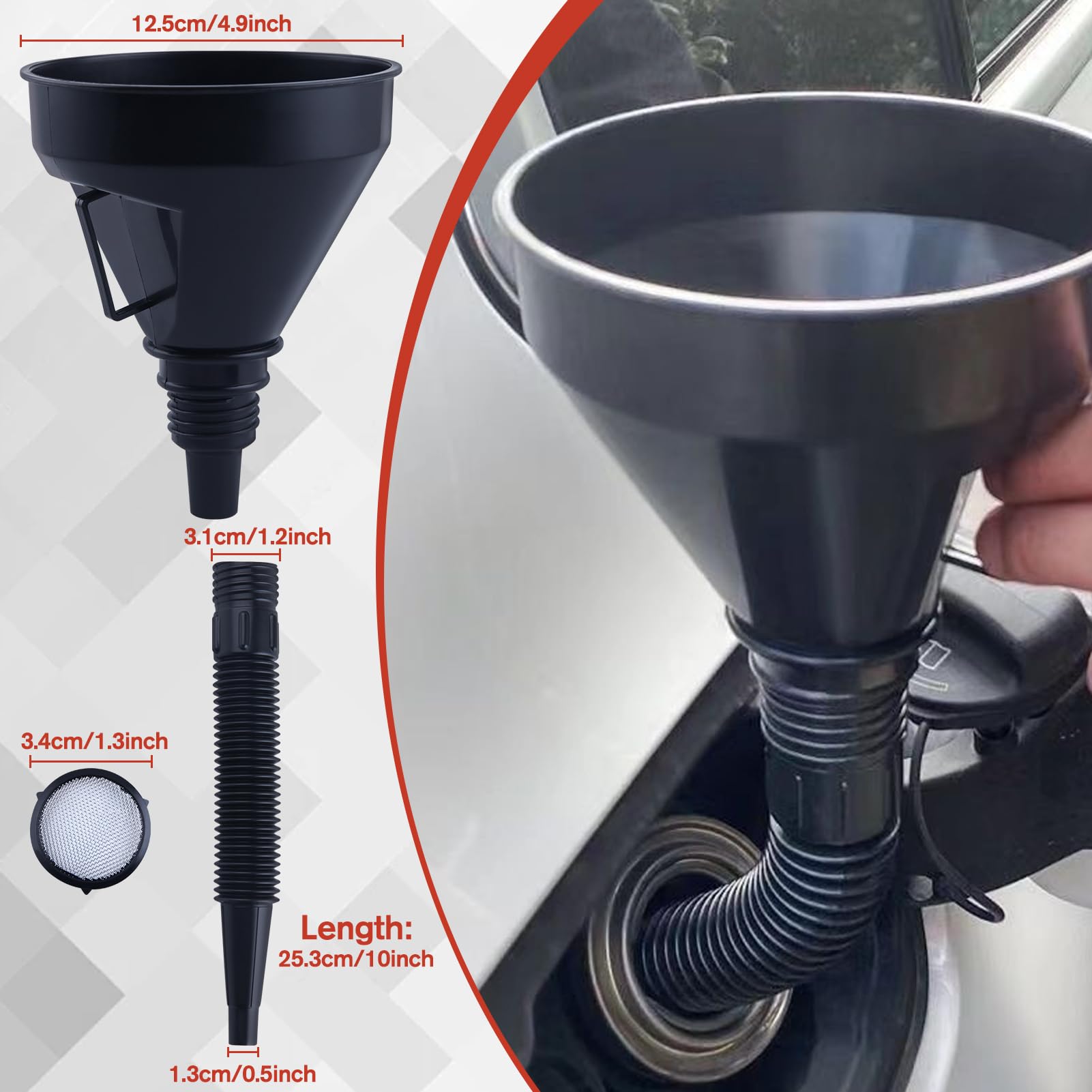 LEONTOOL Samochodowe plastikowe lejki olejowe Zestaw 10 sztuk, elastyczny lejek samochodowy z wężem do spustu oleju o szerokiej szyjce lejki kątowe