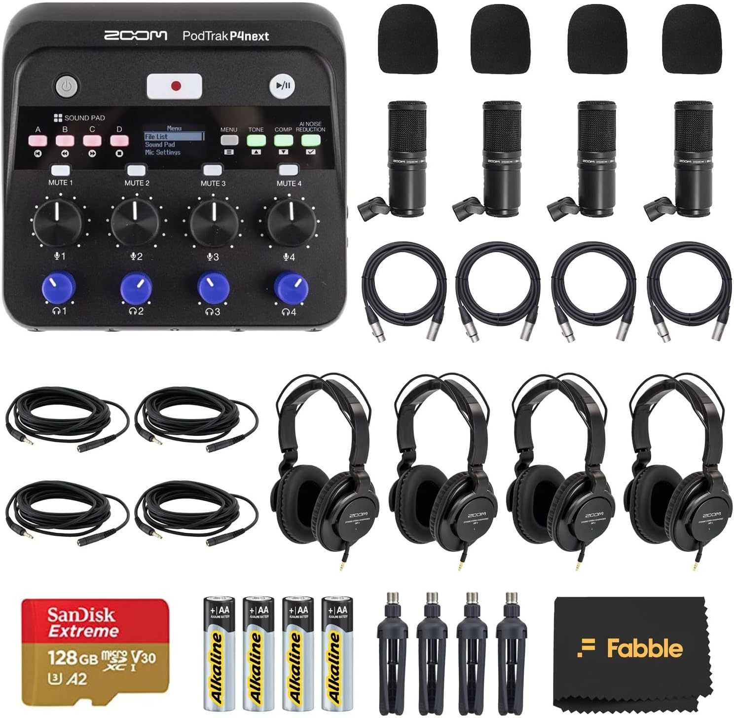 Zoom PodTrak P4next Portable Multitrack Podcast Recorder Bundle with Microphones, Headphones, Windscreens, Desktop Mic Stand, 128  GB microSDXC Memory Card, 4 AA Batteries & Charger
