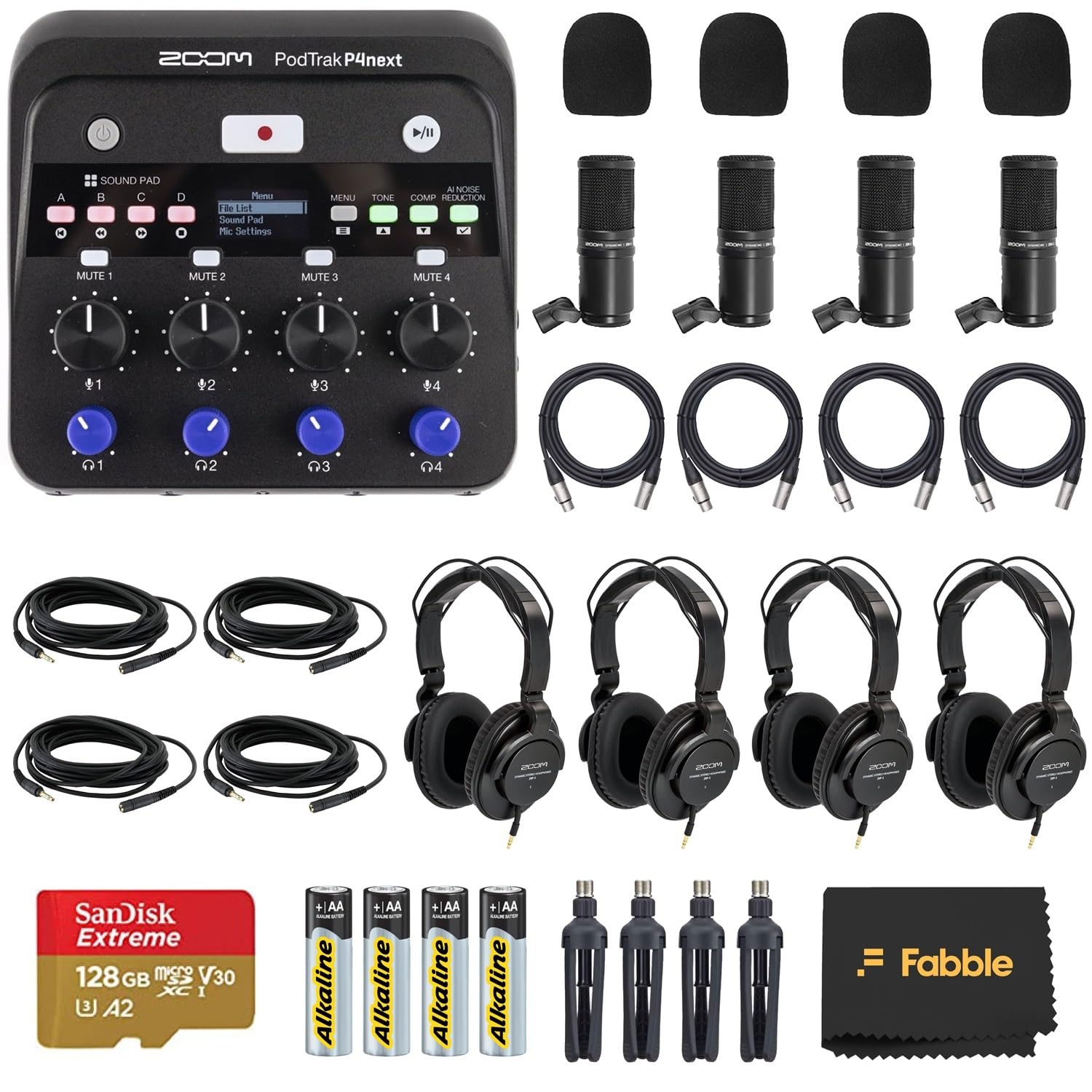 Zoom PodTrak P4next - Registratore Podcast multitraccia portatile, con microfoni, cuffie, parabrezza, supporto per microfono da tavolo, scheda di memoria microSDXC da 128 GB, 4 batterie AA e