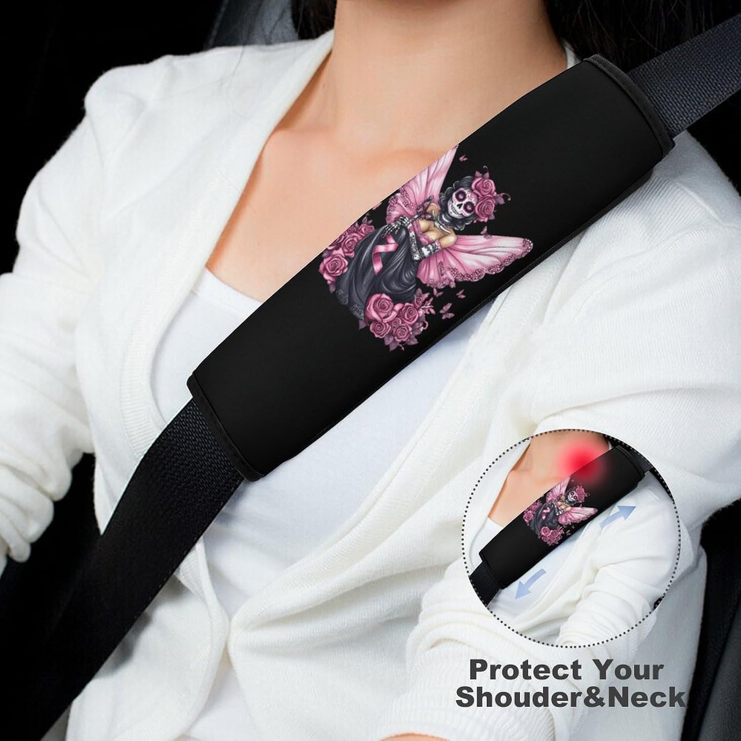 Skull Fairy Rose Car Seat Strap Covers Soft Seat Strap Shoulder Pads Seatbelt Covers for All Car Seats 1PCS
