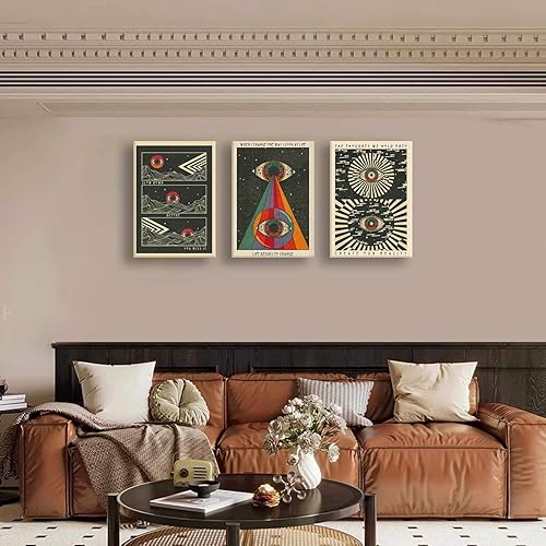 Miniatura 5 de Juego de 3 piezas de arte de pared hippie vintage de los años 70, ojos psicodélicos, impresiones de cuadros bohemios psicodélicos, citas