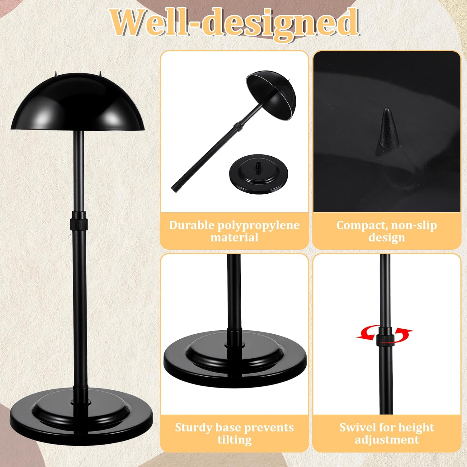 8 Pcs Wig Stand, Portable Hat Display Stand, 9.8"-18.9" Adjustable Height Hat Display, Non-Slip Wig Head Holders, Black Plastic Wigs Stands for Styling Drying DIY Practice, Stable