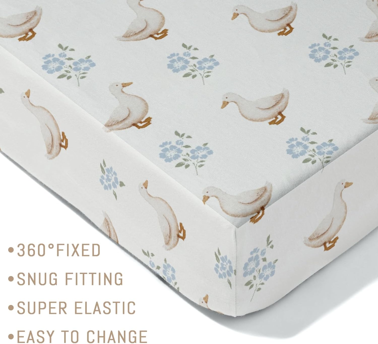 Farm Duck Blue Floral Baby Crib Sheets for Boys Girls Vintage Ducks Boho Flowers Soft Stretchy Fitted Crib Mattress Covers for 52''x28'' Standard Crib and Toddler Mattress Farmyard Animals Bed Sheets
