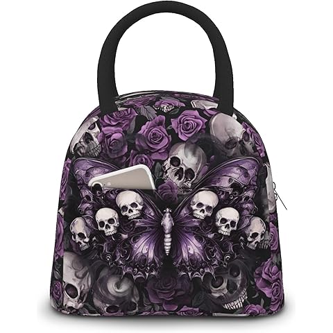 Skull Insulated Lunch Bag for Woman Gthic Sugar Skull Purple Rose Lunch Box Tote Ba...