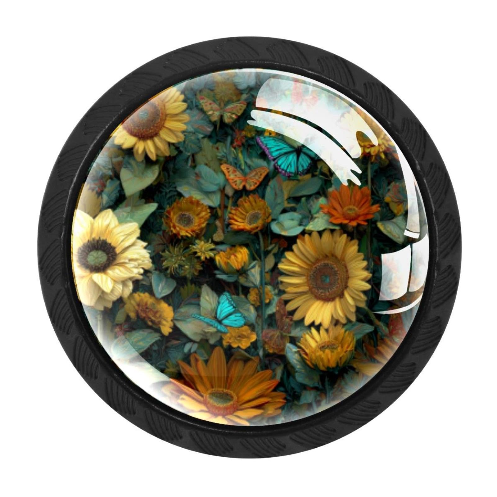 CHENZZZZ Butterflies Sunflowers (2) Drawer Knobs Pull Handle Crystal Glass Circle Shape Cabinet Drawer Pulls Cupboard Knobs with Screws for Kitchen Cupboard Dresser Wardrobe etc