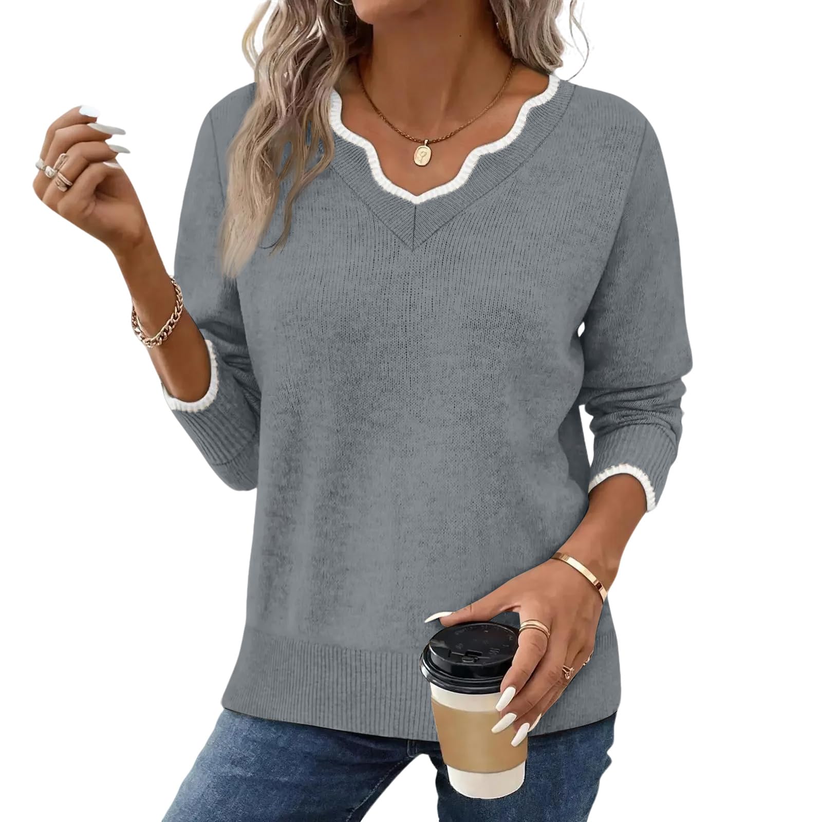 Womens 2025 Fall Sweater Long Sleeve V-Neck Wave Trim Loose Fit Knit Top Multi-Color