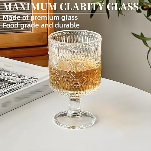 Miniatura 5 de Paquete de 6 vasos de copa vintage, vaso de vidrio floral en relieve de 8 onzas, cristalería de vino romántica transparente, copas de patrón