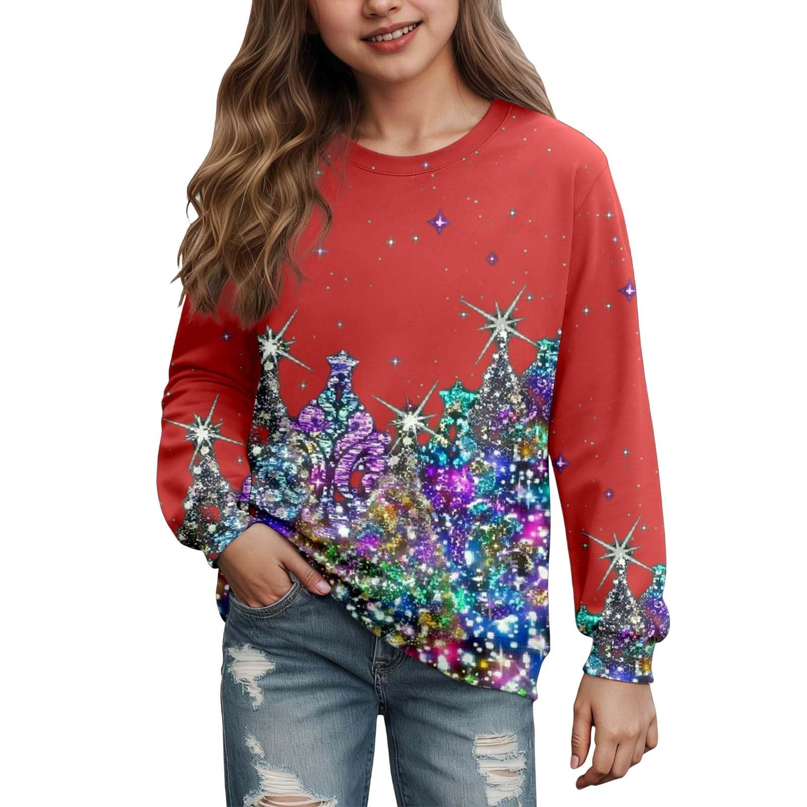Genérico Elegante suéter navideño para niñas Casual Top Jersey de Navideños Adolescentes Navidad niños diseño rbol Otoño e Invierno Ideal el Tiempo Libre y Deporte