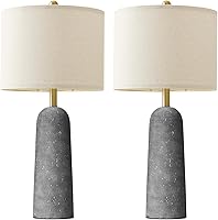 BOBOMOMO 27.25" Modern Gray Resin Table Lamps Set of 2 - Travertine Stone Look, Linen Shades for Living Room, Bedroom Nightstand