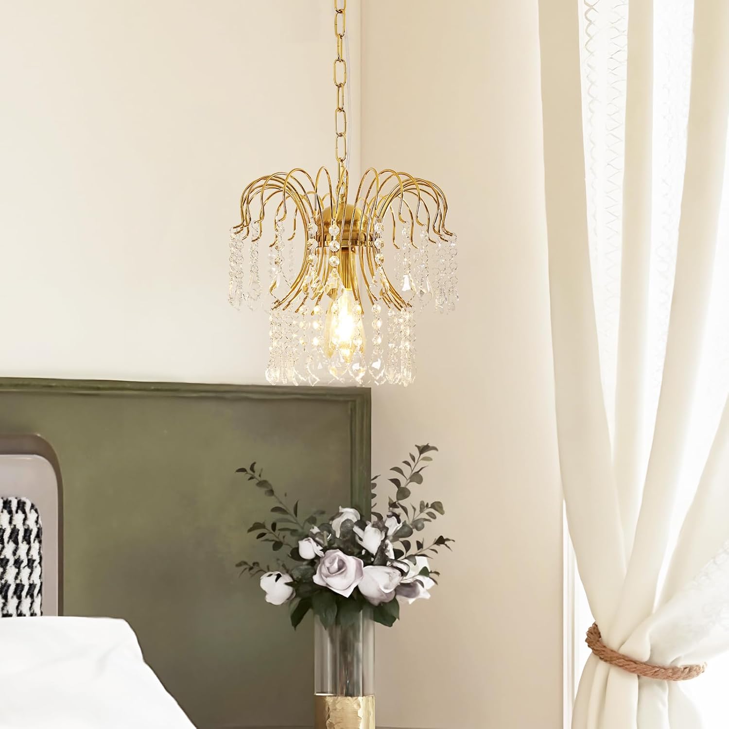 Gold Crystal Pendant Lights, 12 Inch Modern Chandelier Light Fixture, E26 Pendant Lighting Fixtures for Kitchen Island, Vintage Hanging Light for Dining Room Living Room Bedroom