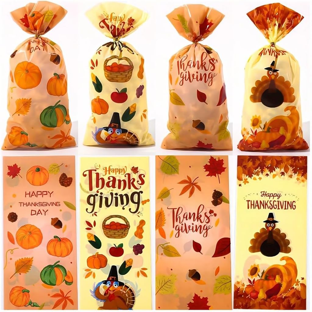 Goodern 50PCS Thanksgiving Cellophane Treat Bags for Candy Cookie,Small Cellophane Pumpkin Goody Bags with Twist Ties Autumn Thanksgiving Halloween Party Favors