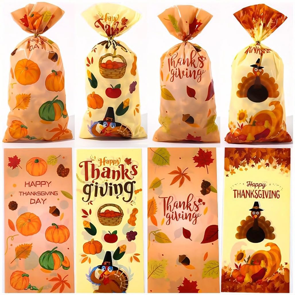 Goodern 50PCS Thanksgiving Cellophane Treat Bags for Candy Cookie,Small Cellophane Pumpkin Goody Bags with Twist Ties Autumn Thanksgiving Halloween Party Favors