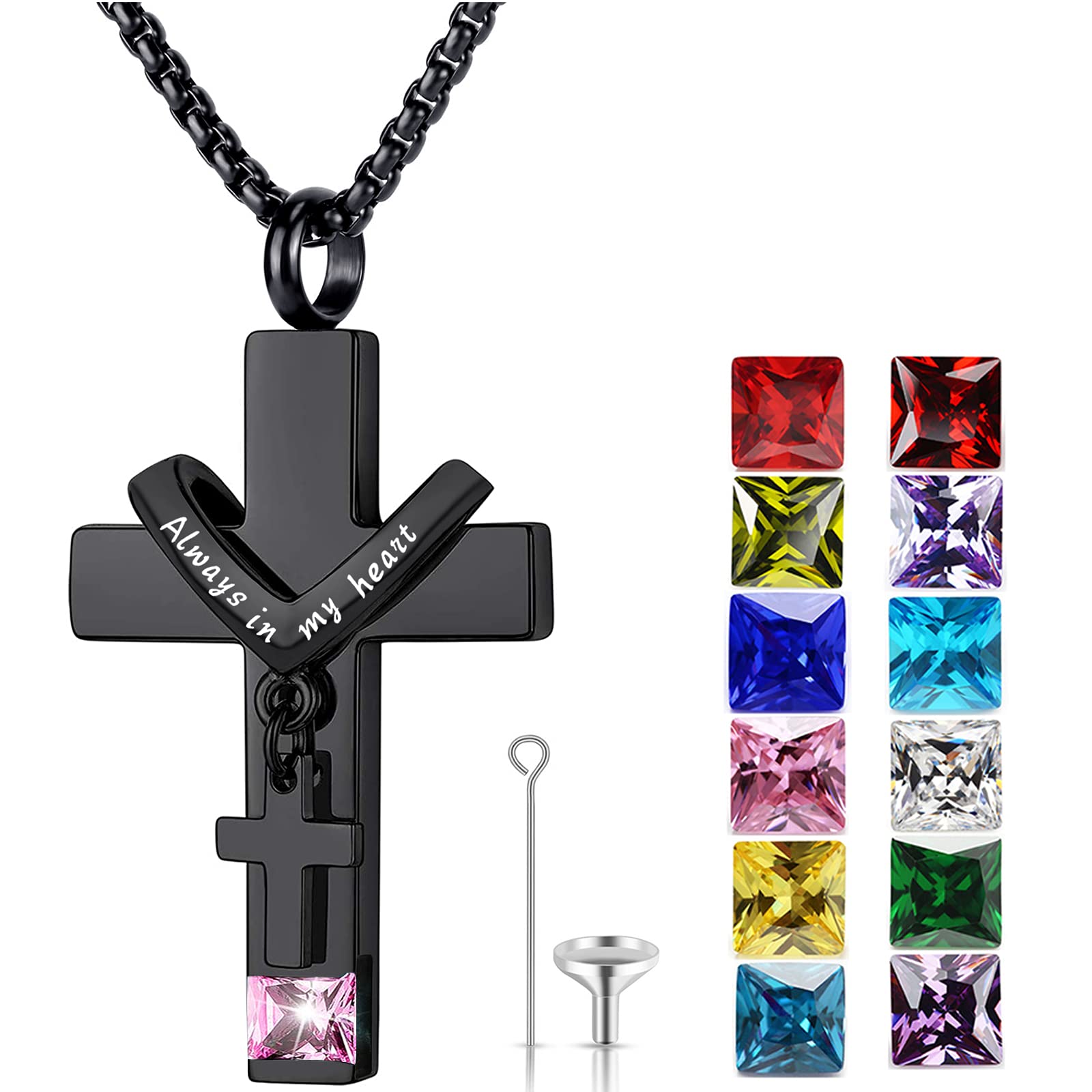 YOUFENG Birthstones Urn Necklaces for Ashes Cross Cremation Pendant Urns for Human Ashes Memorial Keepsake Locket Jewelry