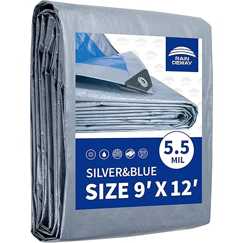 Tarps 9x12 Feet, 5.5 Mil Thick - Multipurpose Waterproof Plastic Tarp Cover with Metal Grommets and Reinforced Edges, Blue/Gray Tarp by RAINDEWAY