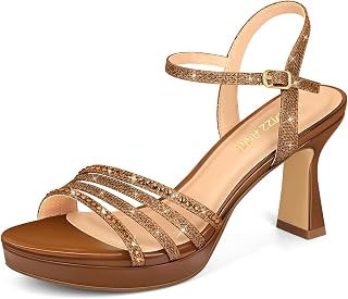 Lena Women's Platform Heels High Block Chunky Sparkly Rhinestone Open Toe Ankle Strap Fashion Dress Pump Sandals Shoes for Party Wedding
