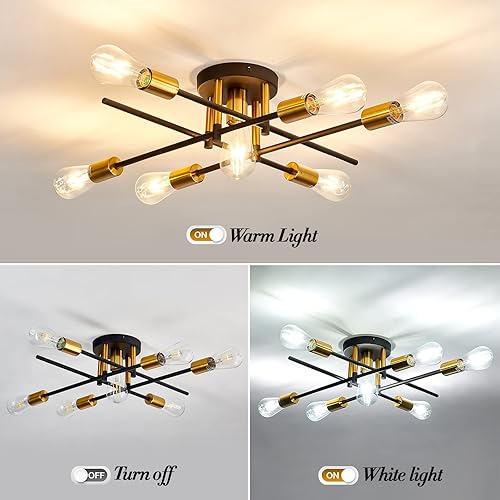 Miniatura 4 de UOFUS Lámpara de techo semiempotrada de 7 luces mate con base E26, moderna lámpara de techo negra y dorada de mediados de siglo para granja,