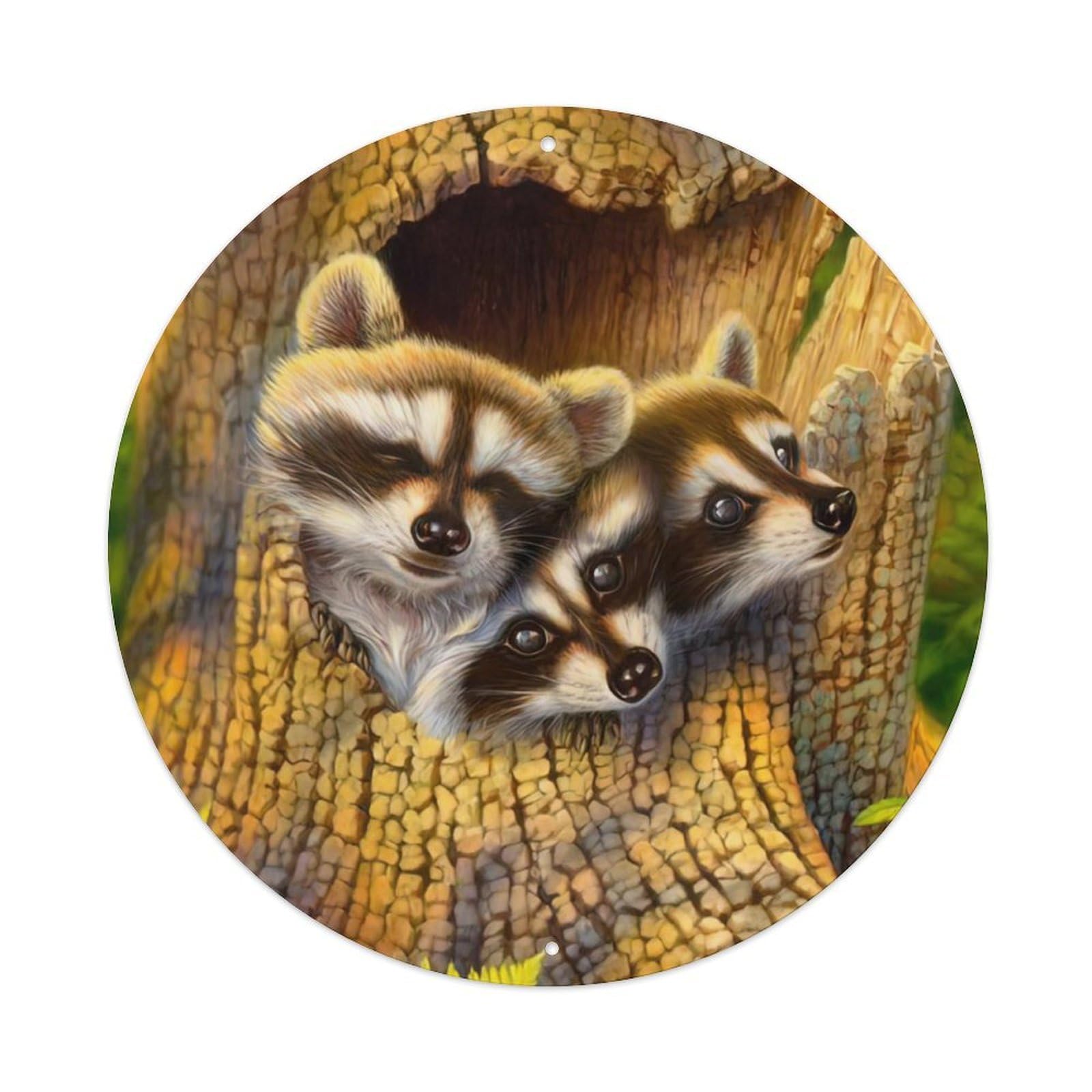 Wildlife Artwork Three Raccoons in Tree Hole Vintage Metal Tin Sign Plaque Wall Decor for Cafe, Club, Garden Round Metal Poster 8x8Inch