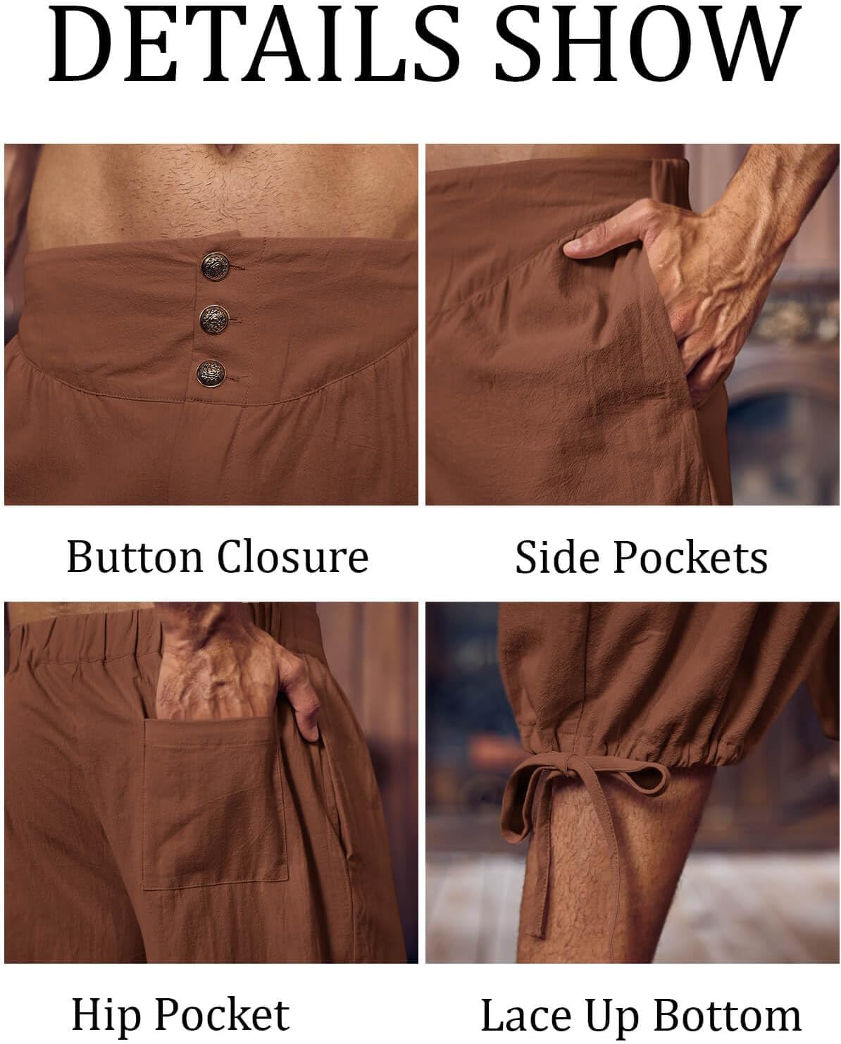 Gafeng Mens Pirate Pants Renaissance Medieval Colonial Costume Knight Halloween LARP Lace Up Shorts - Image 5