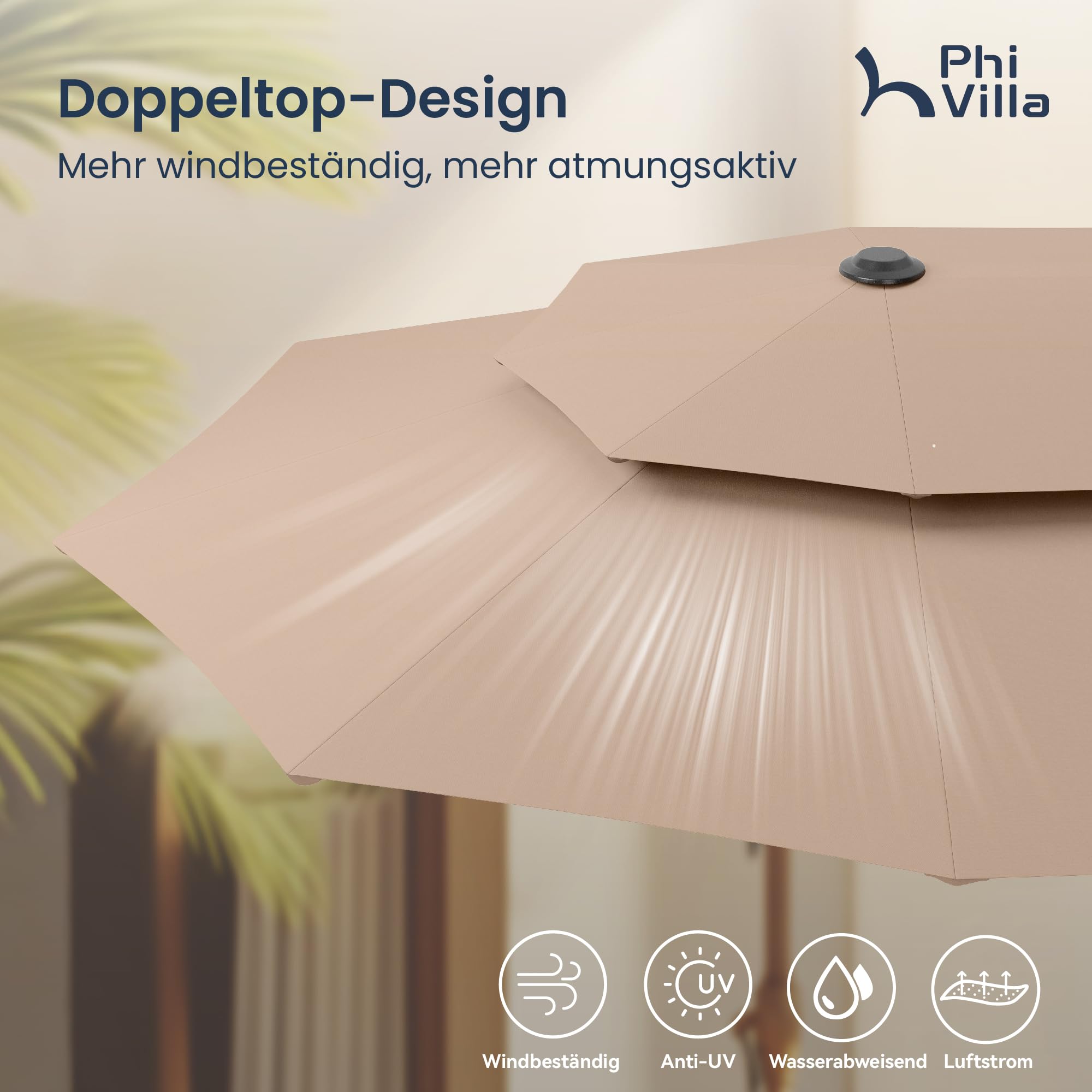 PHI VILLA Sonnenschirm Rechteckig mit Ständer, 380x200cm Doppelsonnenschirm mit Kurbel und UV-Schutz für Terrasse Garten