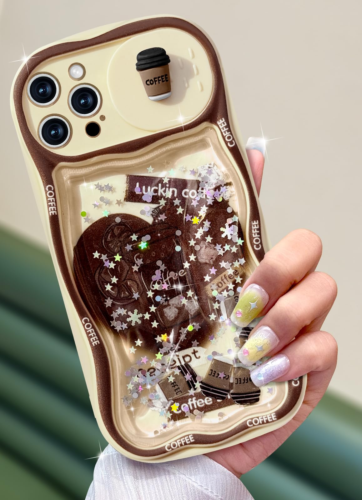 Toycamp for iPhone 14 Pro Max Case - Women Girls Cute Cover Coffee with Sliding Camera Cover Girly Glitter Teens Pretty Cartoon Design Flowing Liquid