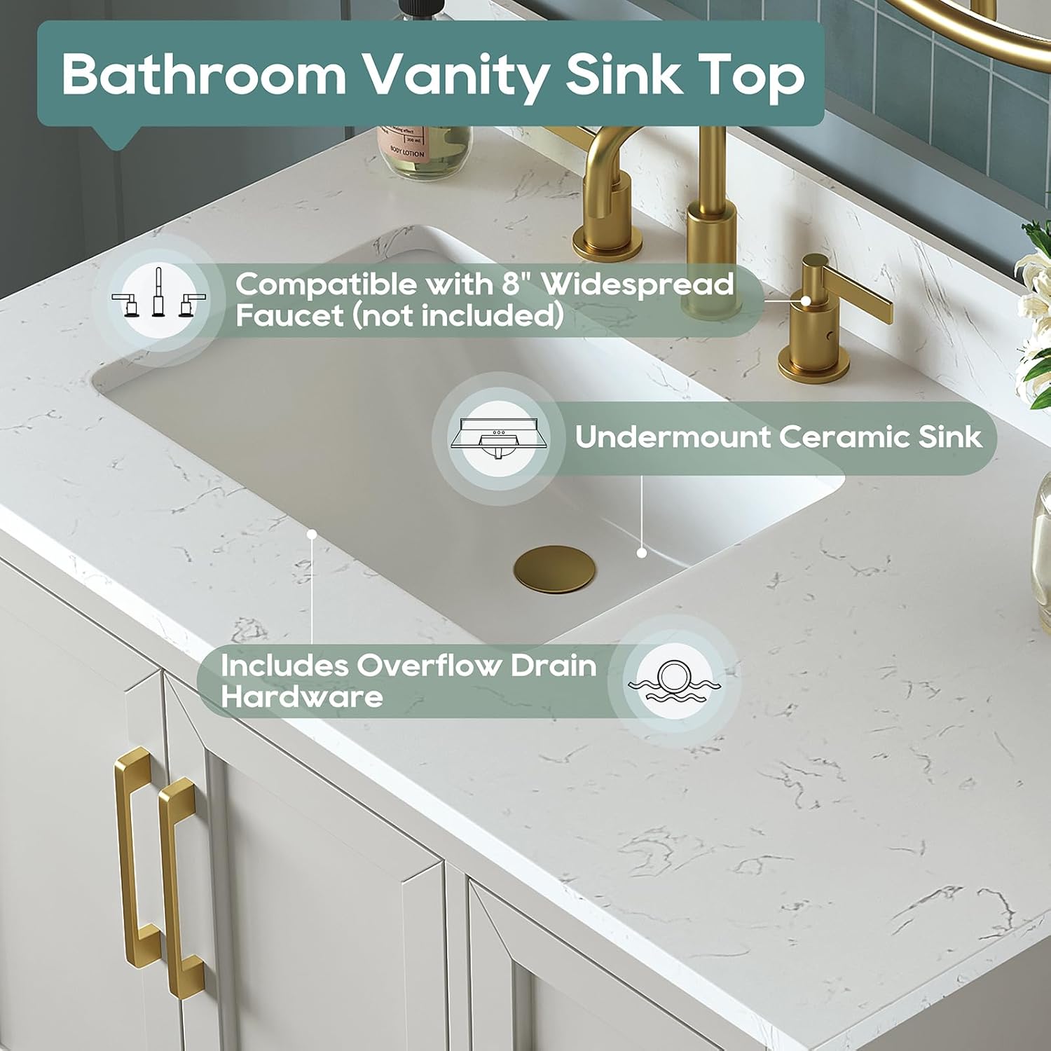 36 Inch Bathroom Vanity with Sink Combo, Solid Wood Frame with Mable Top &Backspalsh, Fully-Assembled with Soft-Closing Doors & 4 Drawers, Greige