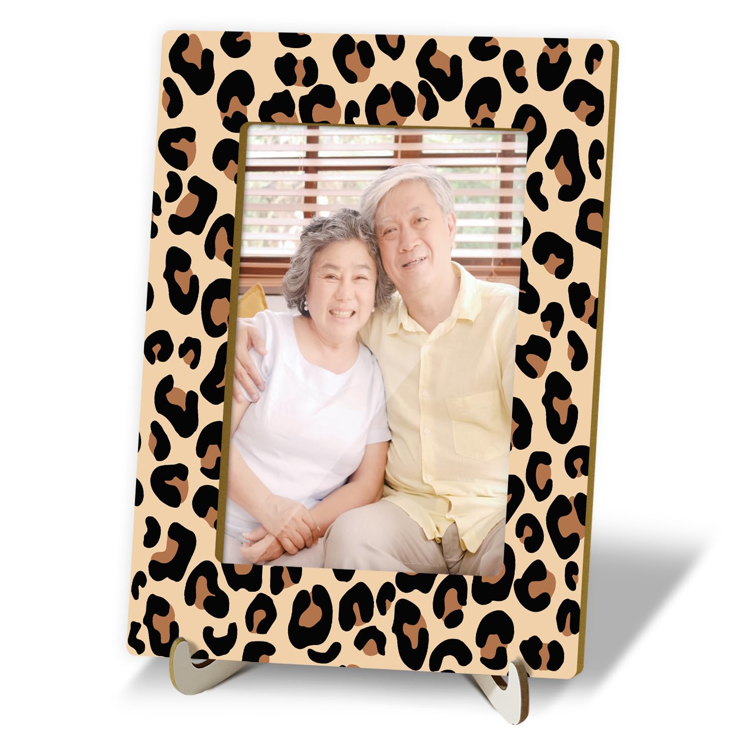Tabletop Wood Photo Frame, Leopard Desktop Picture Frame with Stand, Girls Daughter Women Mom Gift Party Favor, Home Table Art Crafts Decor Supplies
