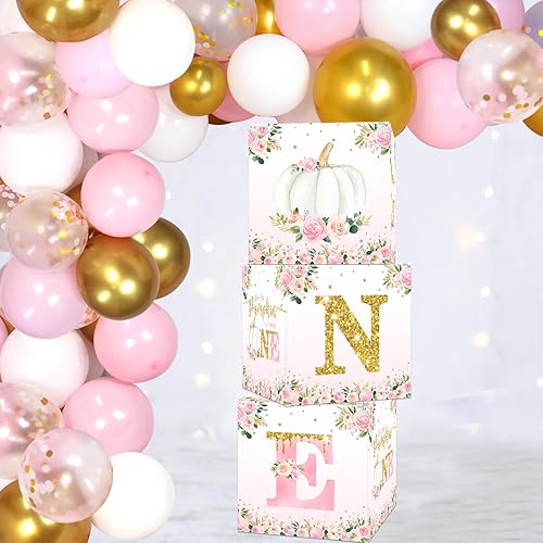 Fall Baby Shower Decorations,Our Little Pumpkin is Turning One Balloon Box Pink Autumn Pumpkin Floral Birthday Decorations for Little Pumpkin 1st