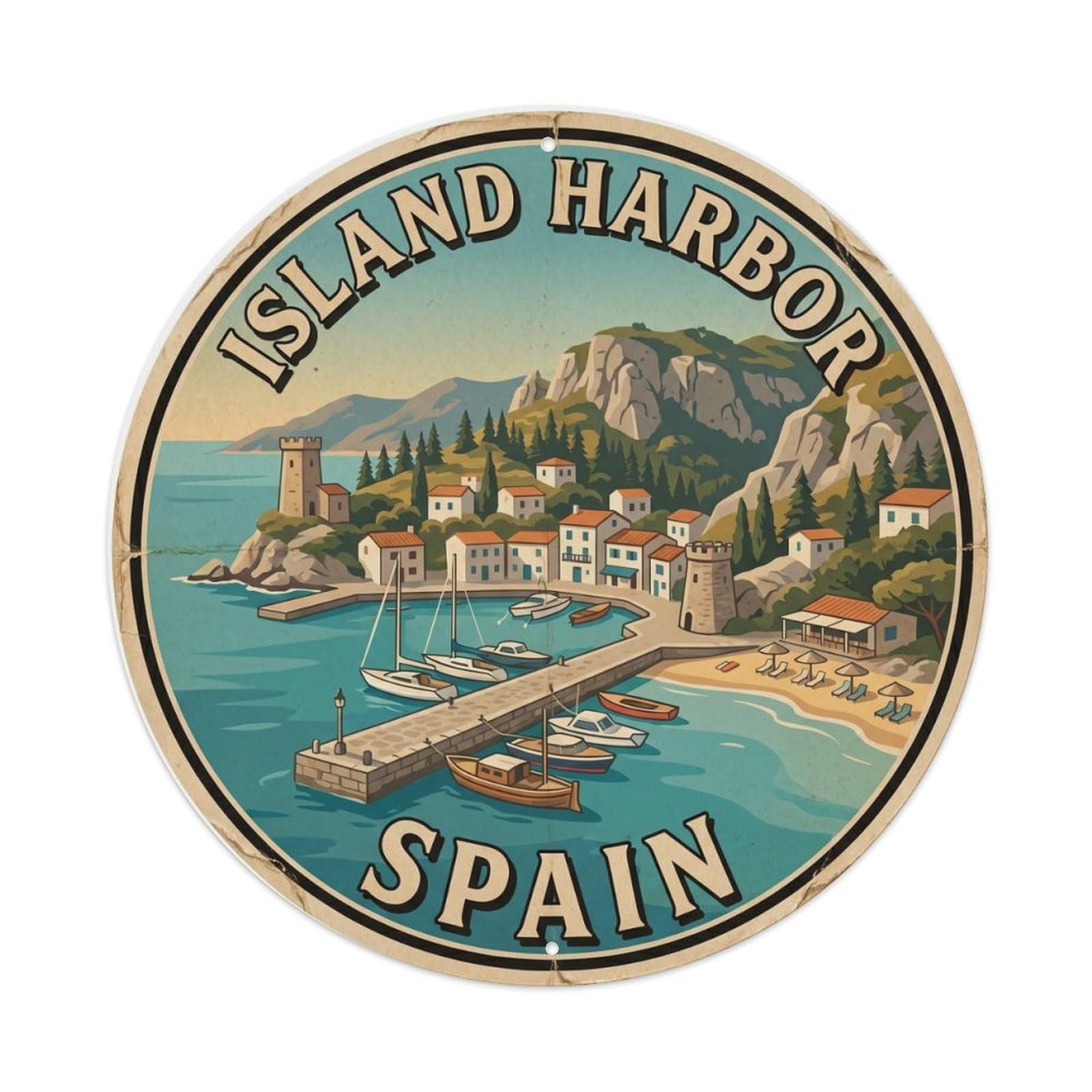 Vintage Travel Island Harbor Spain Mediterranean Metal Tin Sign