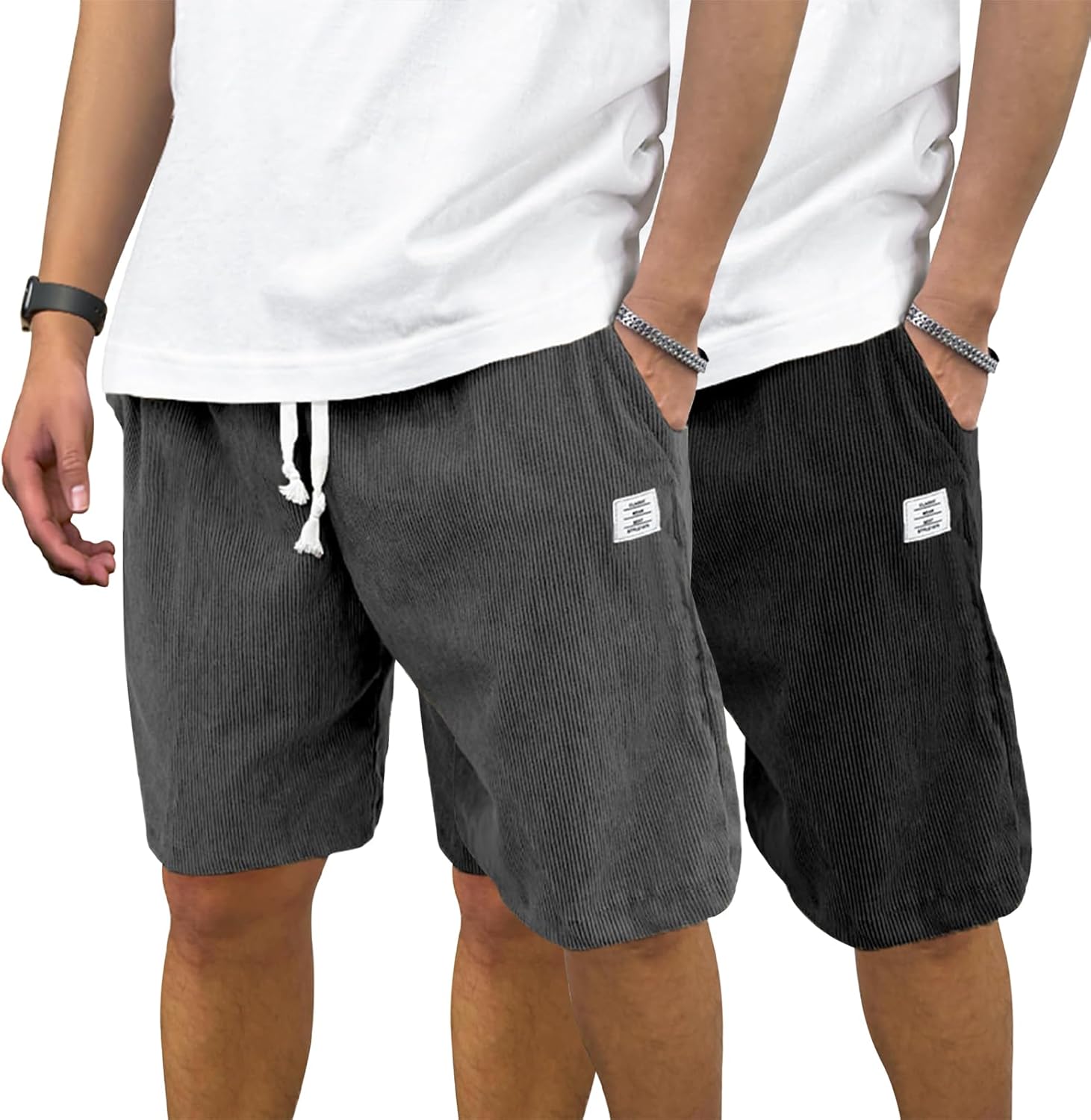 PLEPAN Mens Corduroy Shorts Casual Elastic Waist Drawstring Summer Beach Short