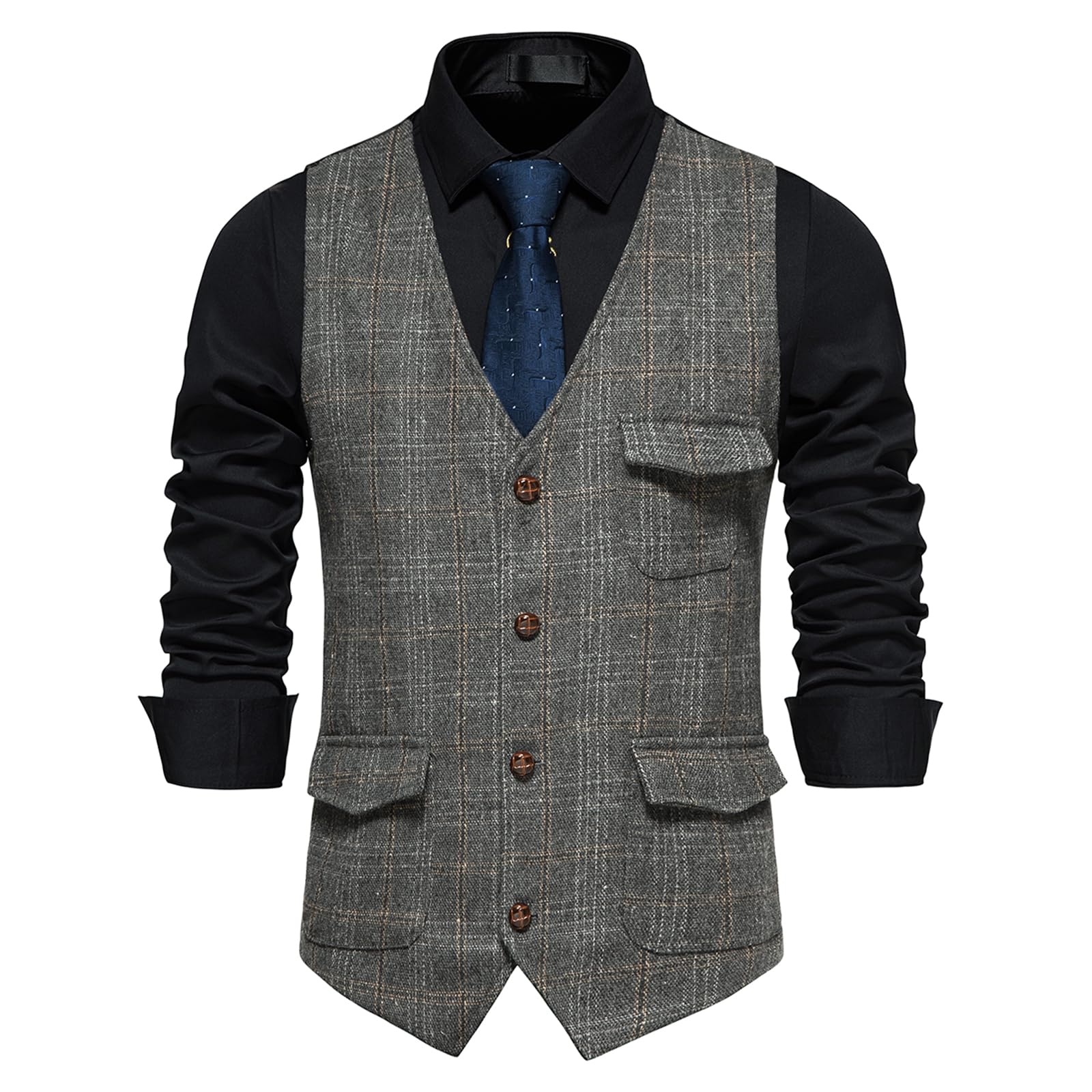 MakingDa Gilet à carreaux pour homme - Sans manches - Col en V - En tweed - Style décontracté - Avec poche