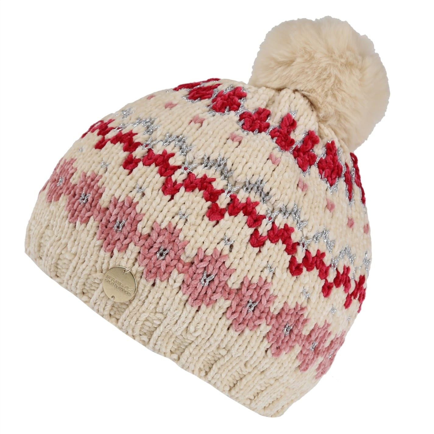 Regatta Hedy Lux Hat III Chenille Knit With Lrex Thread and Faux Fur Pom Poms Headwear - Lightvanilla, 11-13