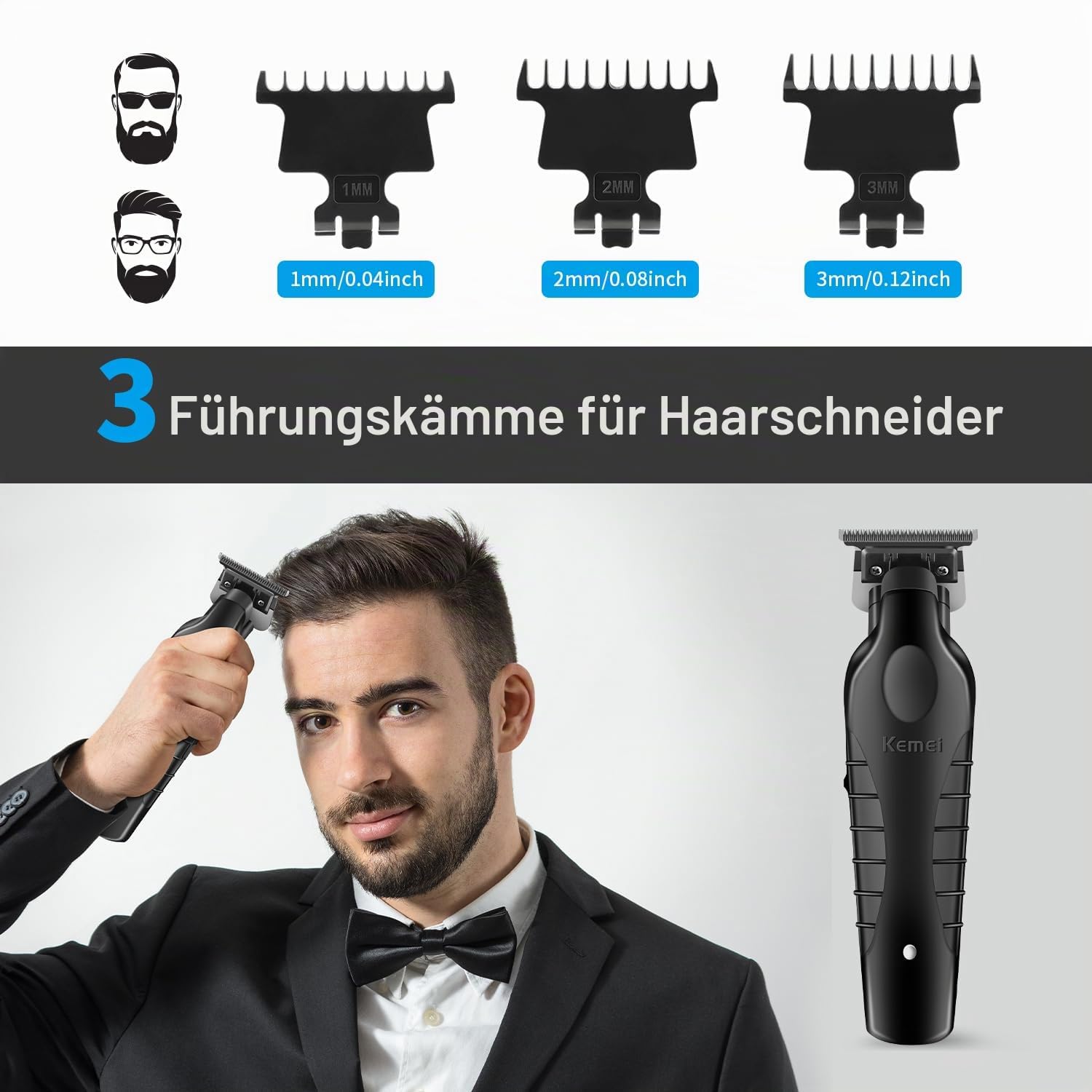 KEMEI 2299 Trimmer, Professionelle Schnurlose Haarschneidemaschine für Männer, Elektrisch Herren Barttrimmer, 7500 U/min, DLC Zero Gap T-Klinge Haartrimmer mit 3 Führungskamm