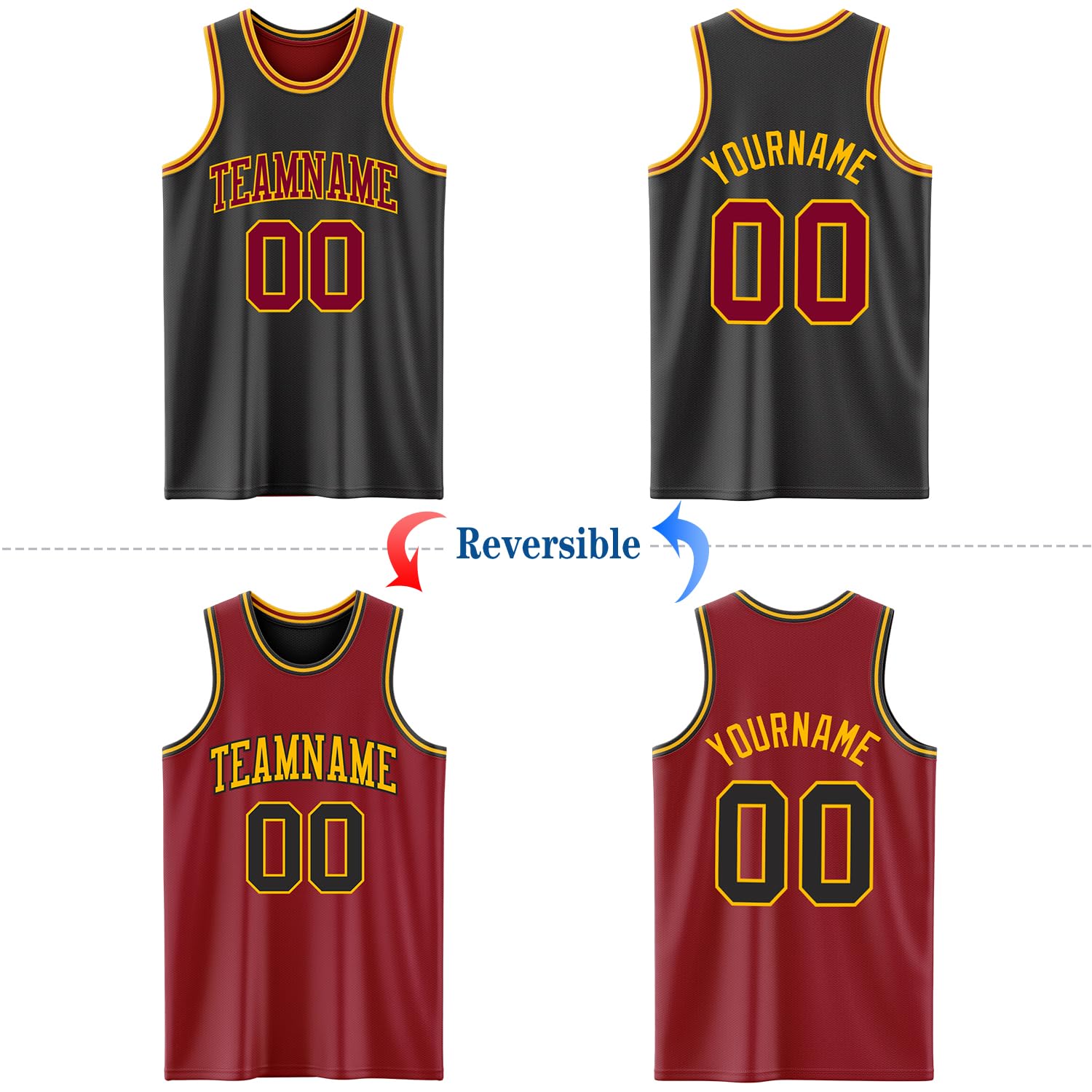Basketball Game Jersey Unisex Youth Adult, Custom Black Maroon Reversible Basketball Uniform Tank Tops Printed Gold Letters, Personalized Double Side Two Tone Sports Sleeveless T-Shirts, Gift for Fans
