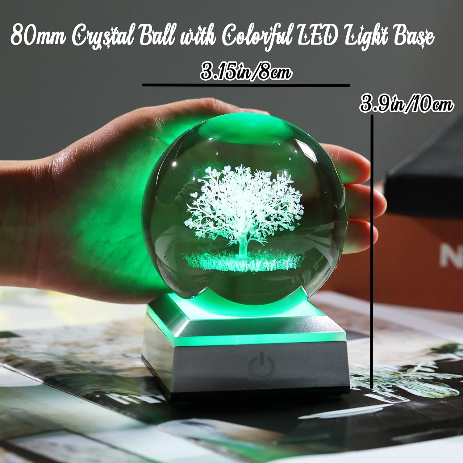 Ornalrist Crystal Ball 3D Engraved Tree of Life with LED Colorful Base, 3.15" 8CM Glass Sphere Ideas for Family Home Decor Display, Gifts for Men Women Friends on Birthday Christmas