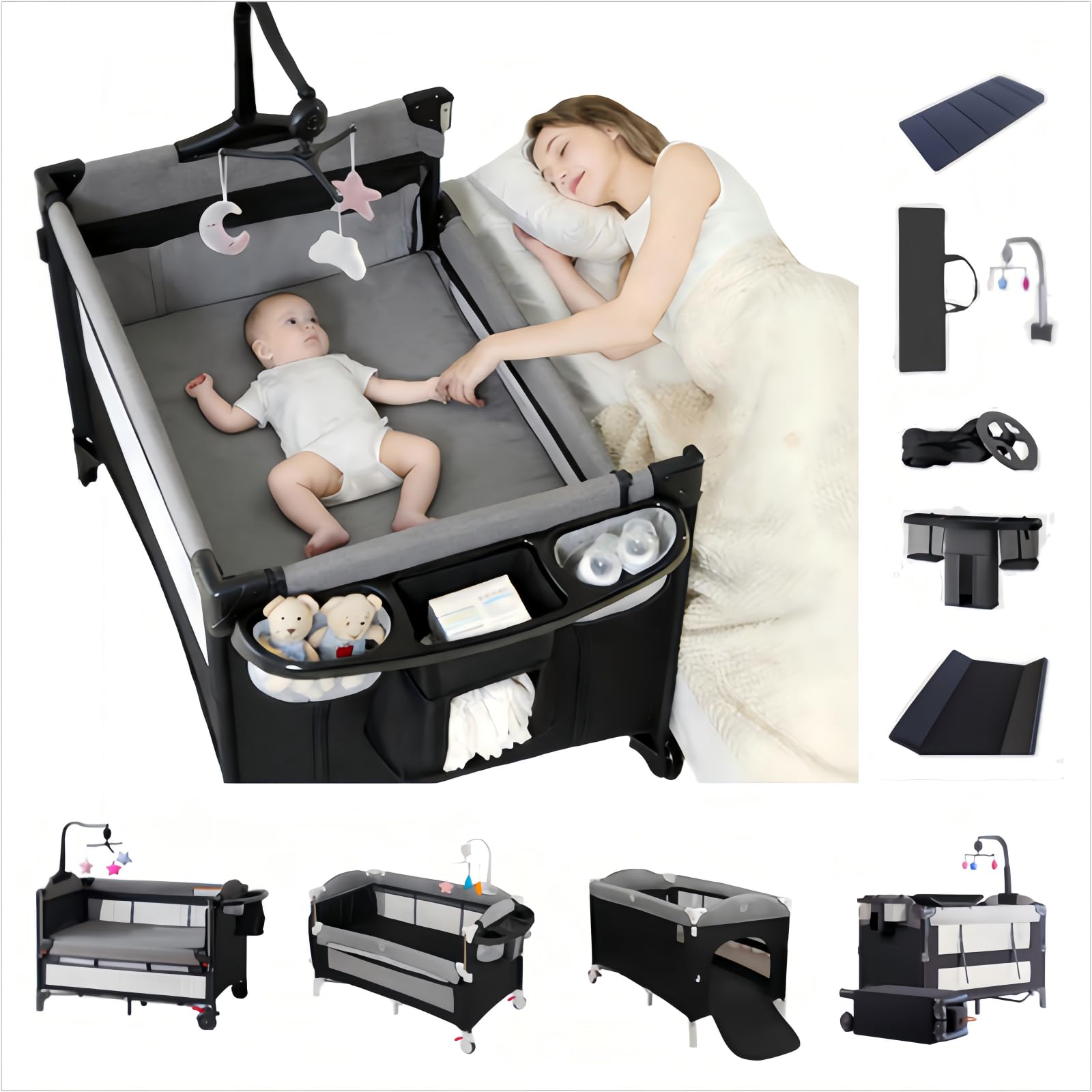 Lit Parapluie Bebe avec Matelas, Lit Bebe de Voyage Pliable et Convertible, Berceau Evolutif Next to Me, Berceau de Camping pour Enfant avec Moustiquaire (6602 Gris sans Filet)