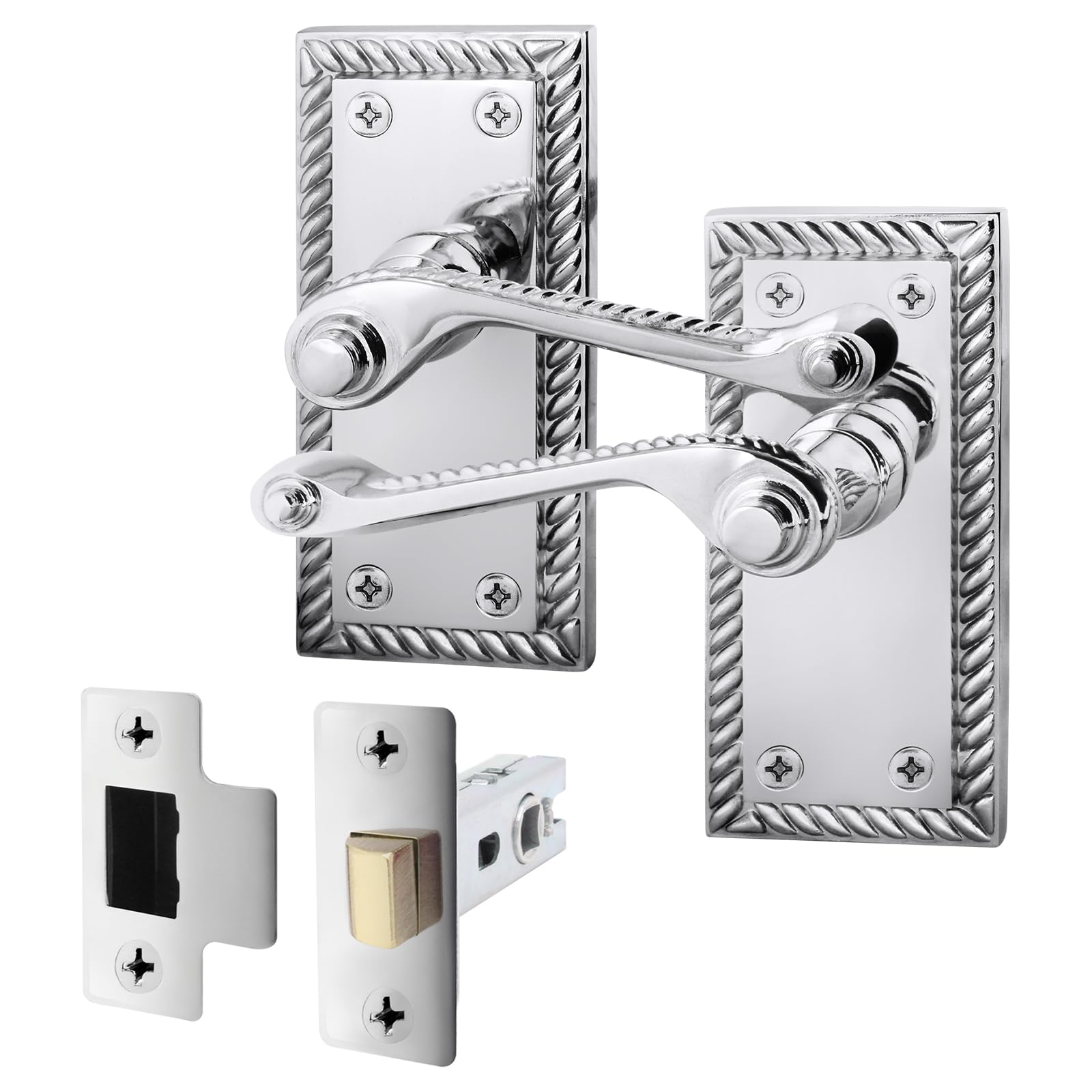 Eai Polished Chrome Georgian Scroll Door Handle Latch Set - 1 Pair Internal Lever Latch Handles & Latch (64Mm) - Rope Design