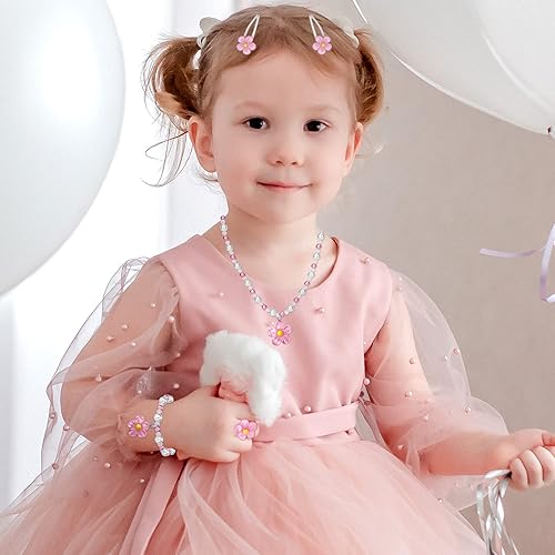Miniatura 3 de Juego de joyas de flores para niñas  Juego de 5 piezas de joyería de juguete de simulación con collar de cuentas, anillo de pulsera y pinzas para el