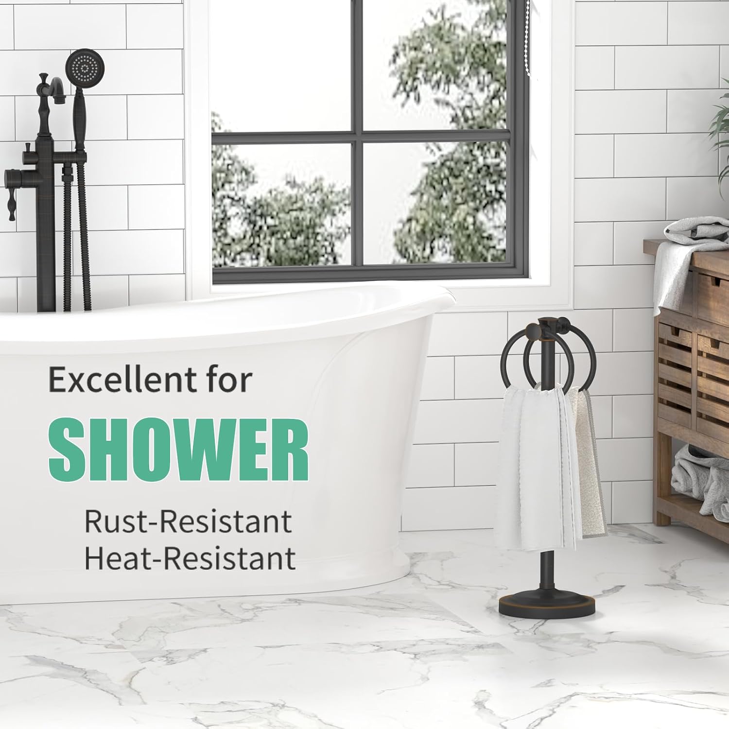 Hoimpro 17 Inch Oil Rubbed Bronze Stainless Steel Free Standing Towel Rack Bar, Double Stand Towel Ring Hand Towel Holder Hanger, Towel Hardware for Bathroom Vanity Kitchen Countertops - Image 5