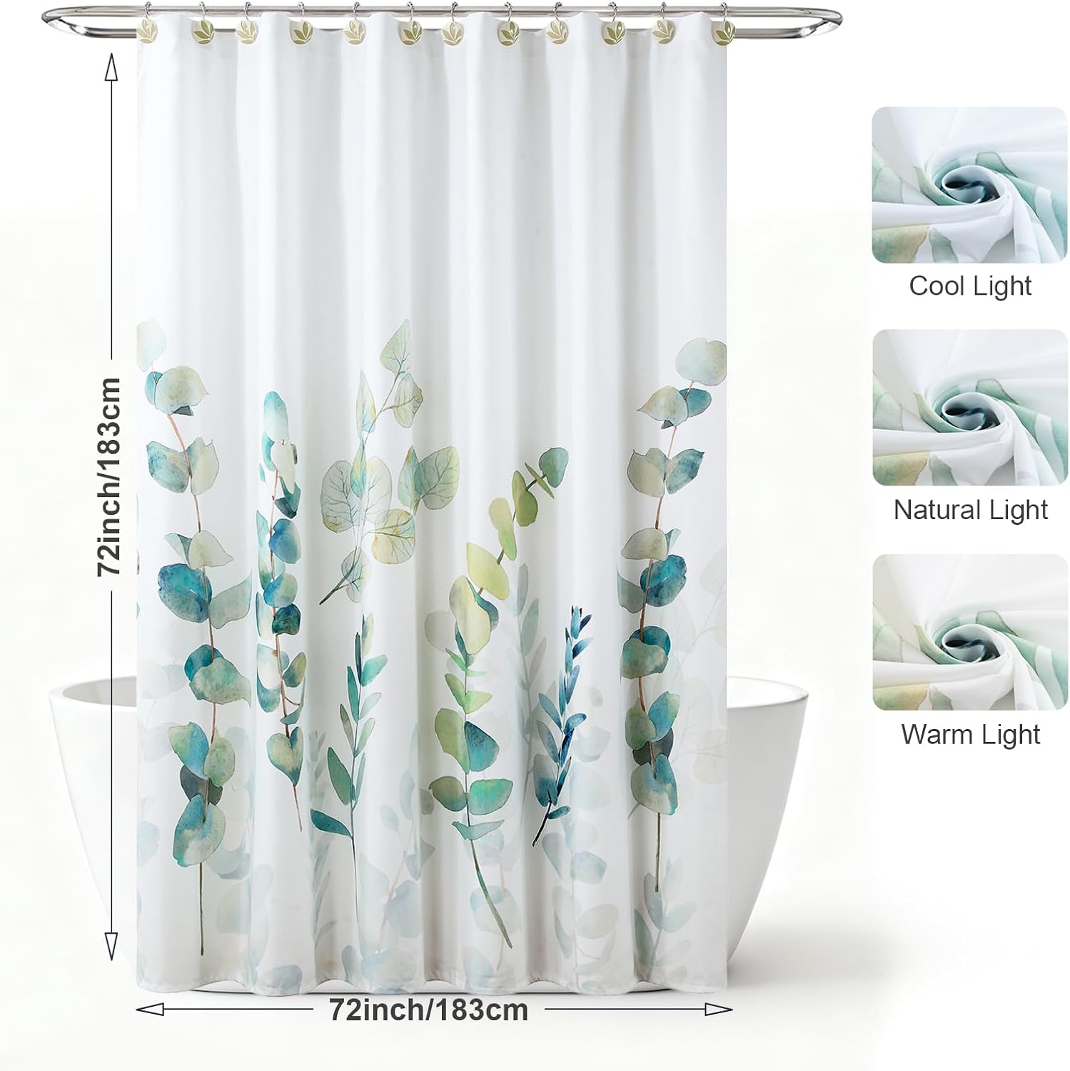 Green Blue Leaf Fabric Shower Curtain, Watercolor Eucalyptus Leaves Plant Shower Curtain, Waterproof Decorative Boho Botanical Bathroom Curtains, 72" W x 72" H