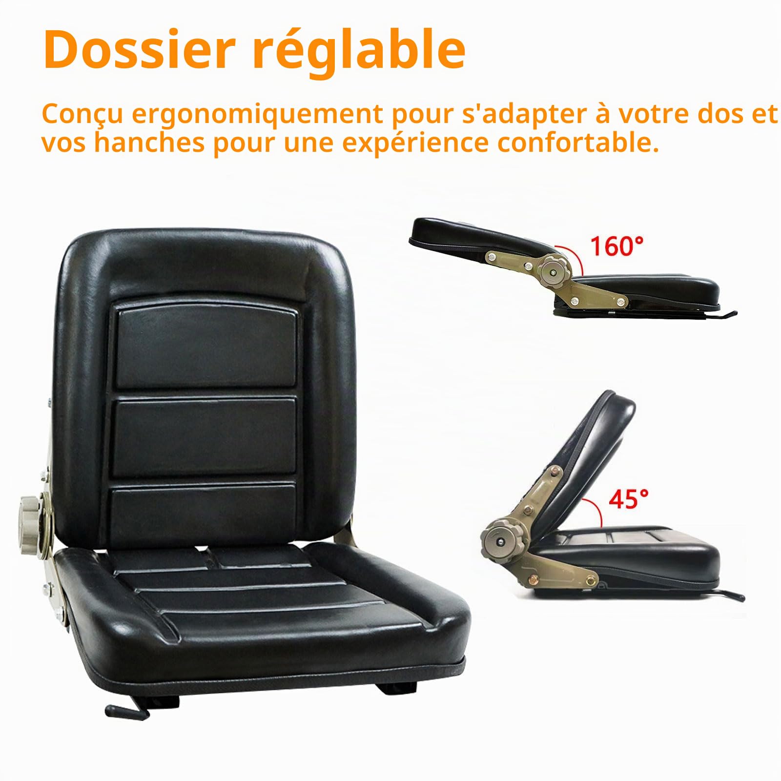 Siège de tracteur universel, Siège de chariot élévateur, 41x38x46cm, réglable 45°-160°, avec rail coulissant, fixation universelle 25x27cm, structure renforcée heavy-duty
