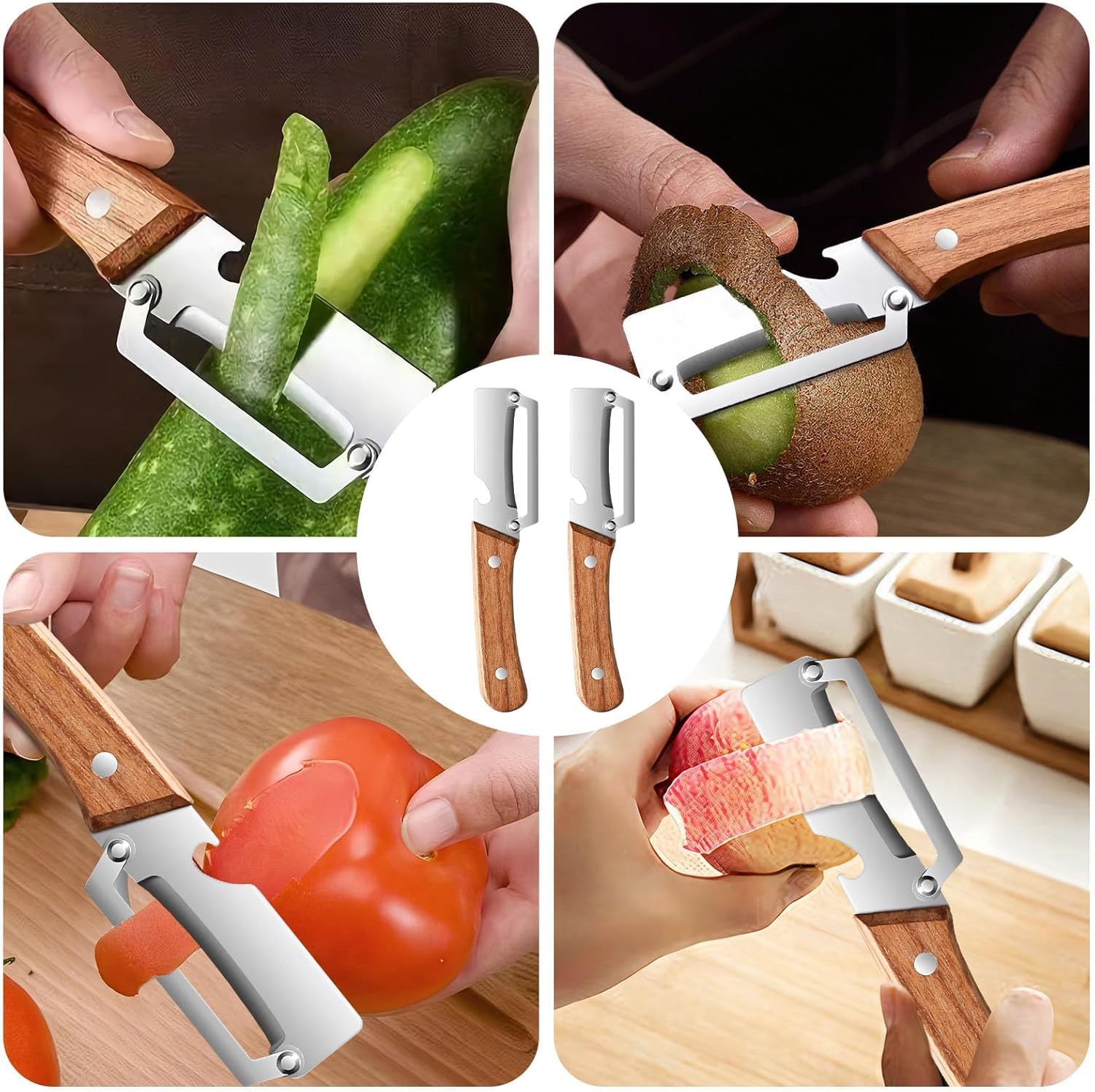 Pelador de verduras multifunción 2 en 1 para cocina con hoja de acero inoxidable ultraafilada y mango de madera ergonómico: pelar patatas, zanahorias y abrir botellas de vino sin esfuerzo (1pc) — view 8
