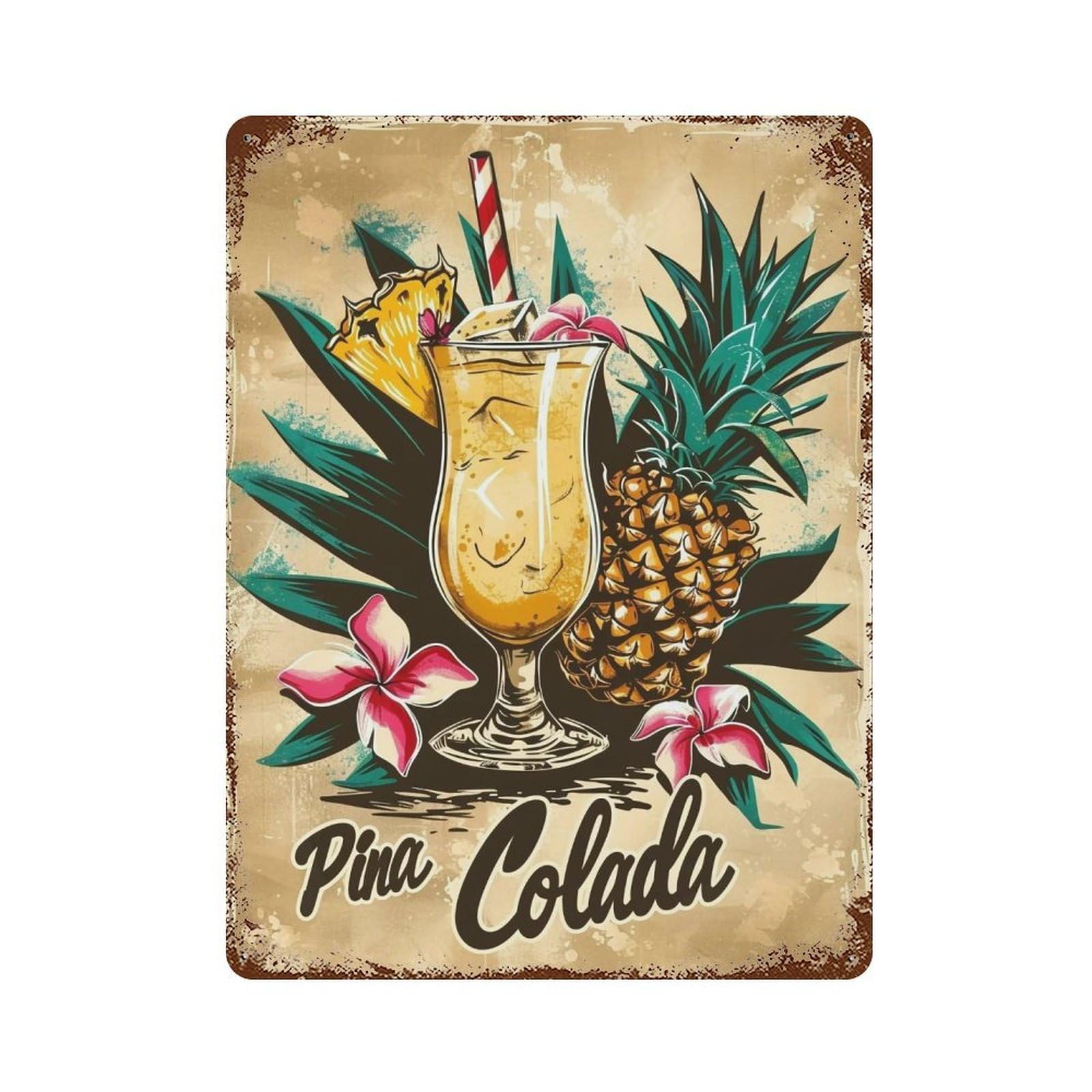 YHGERTKU Linocut Tiki Bar Pina Colada Drink Fruit 01 Wall Art Retro Iron Vintage Metal Tin Sign Poster Modern Decor for Living Rooms Gift 40x30cm